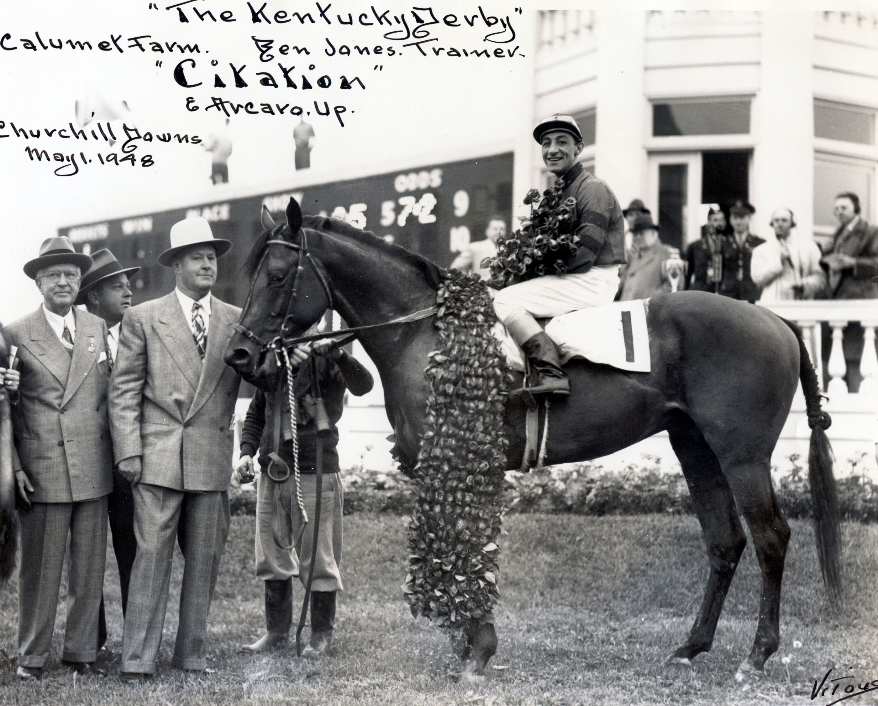 Winner's circle photo for the 1948 Kentucky Derby, won by Citation (Museum Collection)
