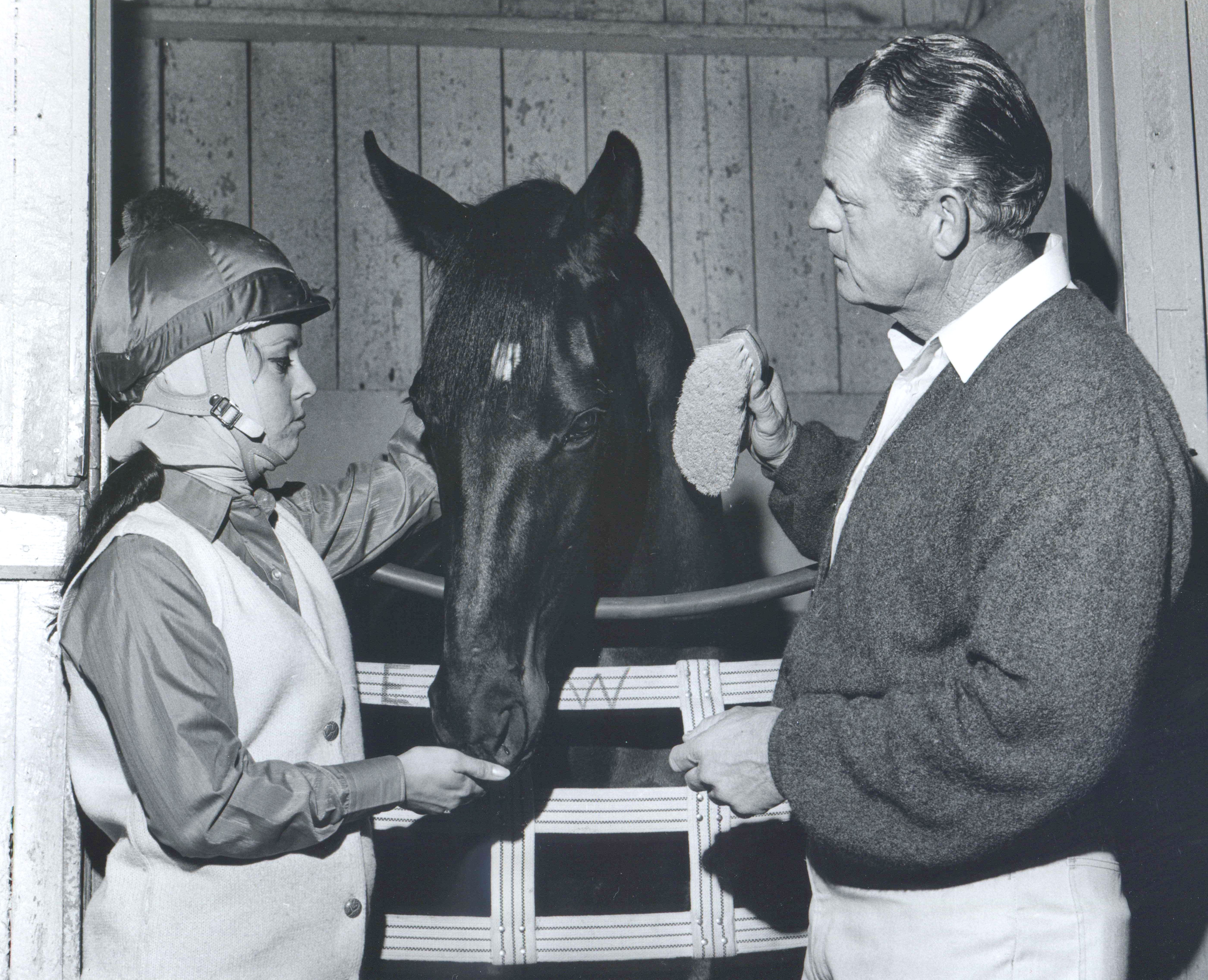 Dark Mirage with jockey Tuesdee Testa and trainer E. W. King at Santa Anita Park, February 1969 (Bill Mochon/Museum Collection)