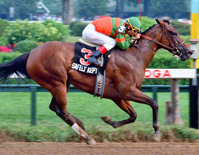 Safely Kept (Craig Perret up) winning the 1989 Test at Saratoga (NYRA)
