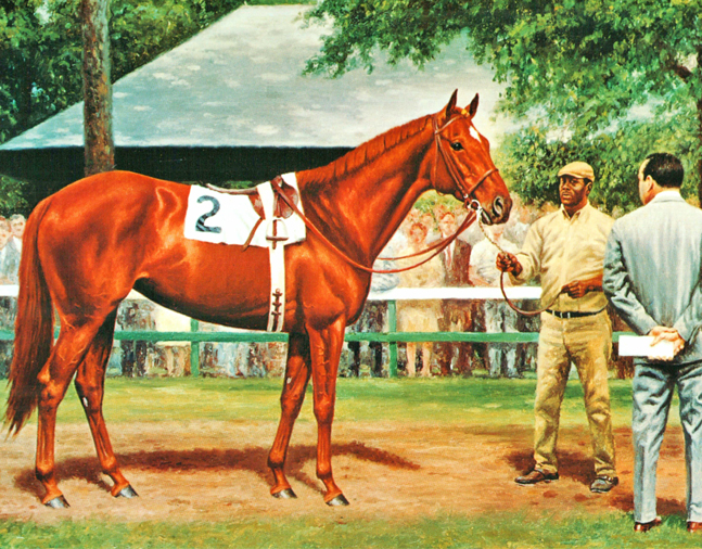 Painting of Shuvee in the Saratoga Paddock by Richard Stone Reeves (Museum Collection)