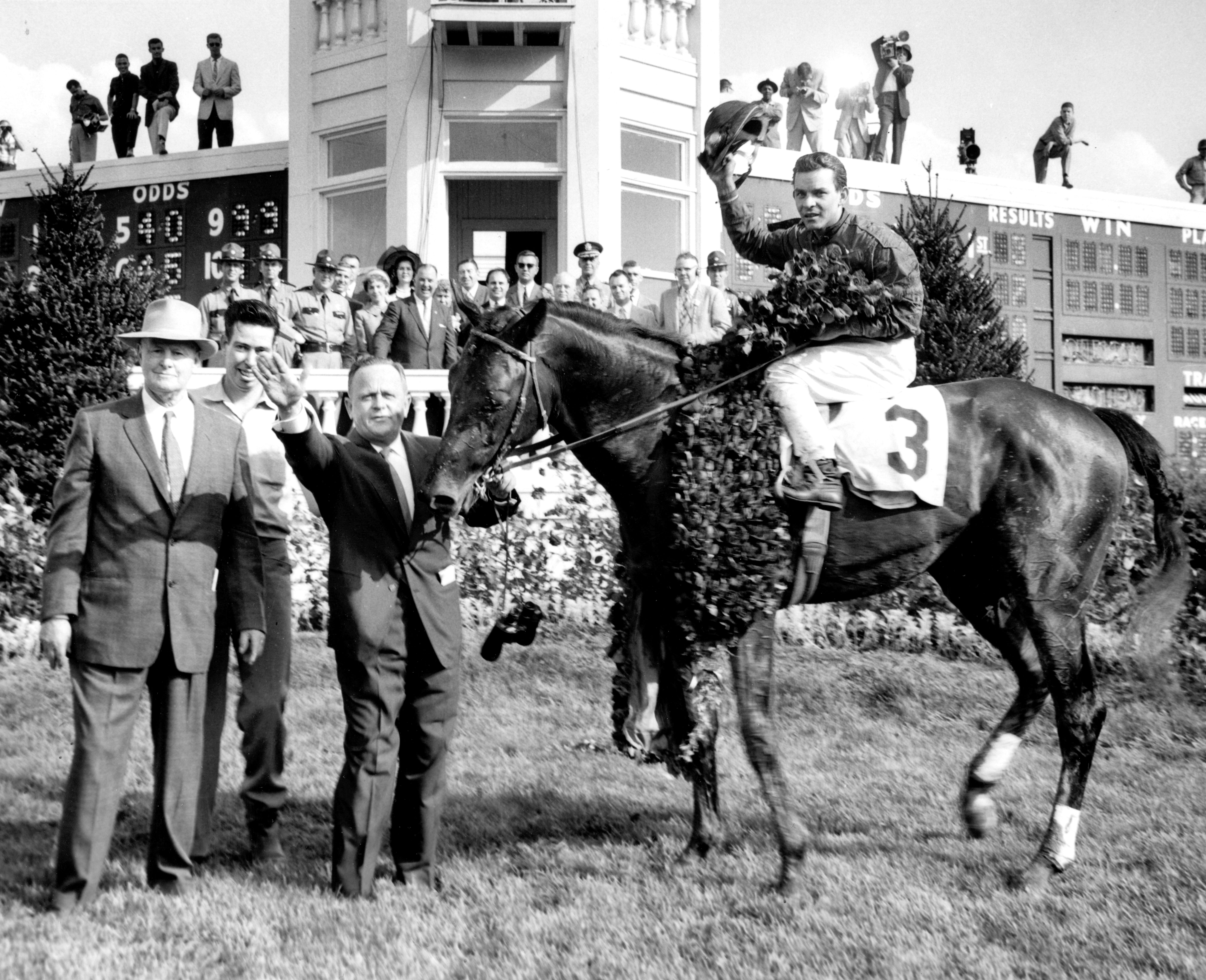 Tim Tam (Ismael Valenzuela up) in the 1958 Kentucky Derby winner's circle with Hall of Fame trainers Ben and Jimmy Jones (Museum Collection)