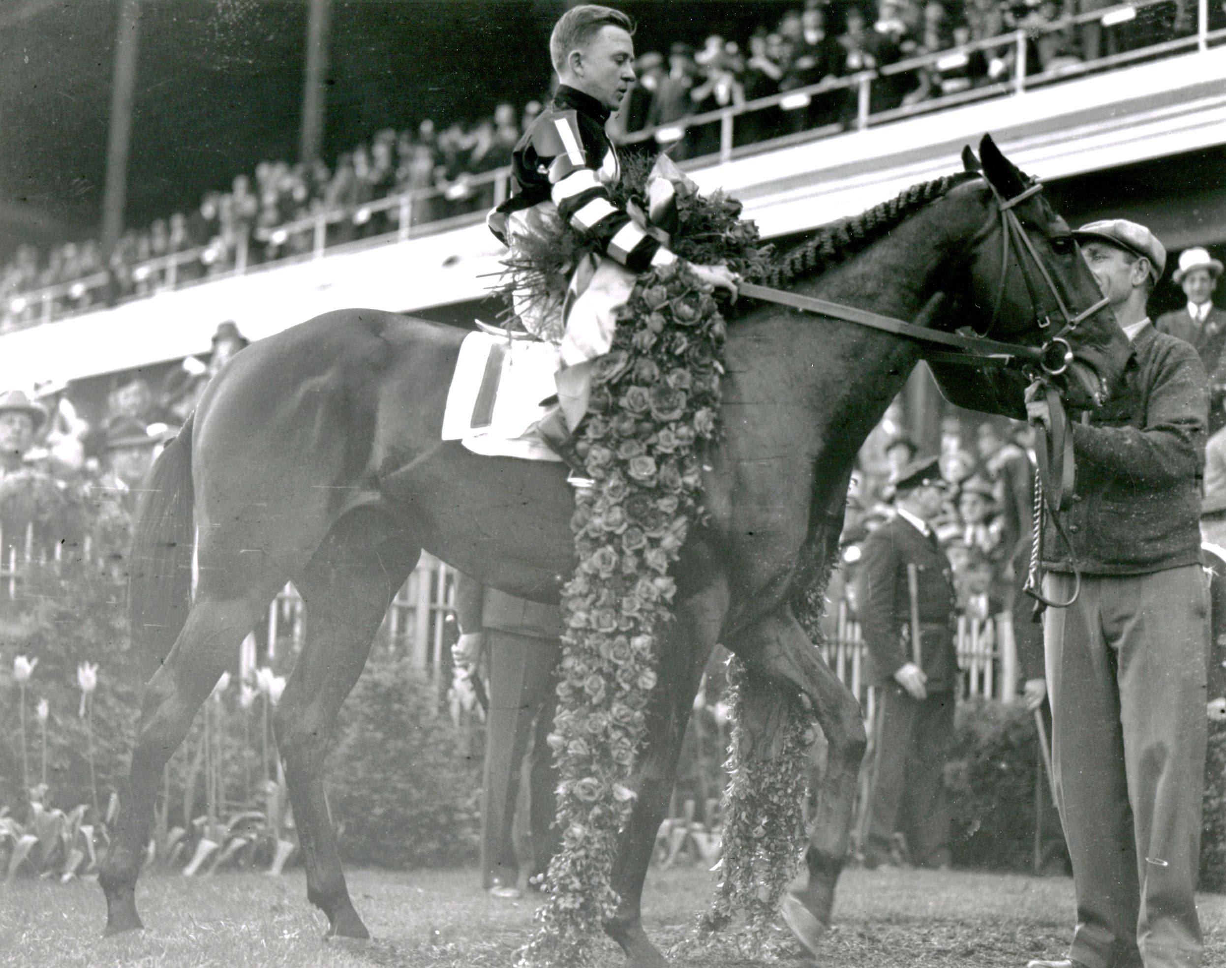 War Admiral (Charles Kurtsinger up) in the winner's circle for the 1937 Kentucky Derby (Churchill Downs Inc./Kinetic Corp. /Museum Collection)