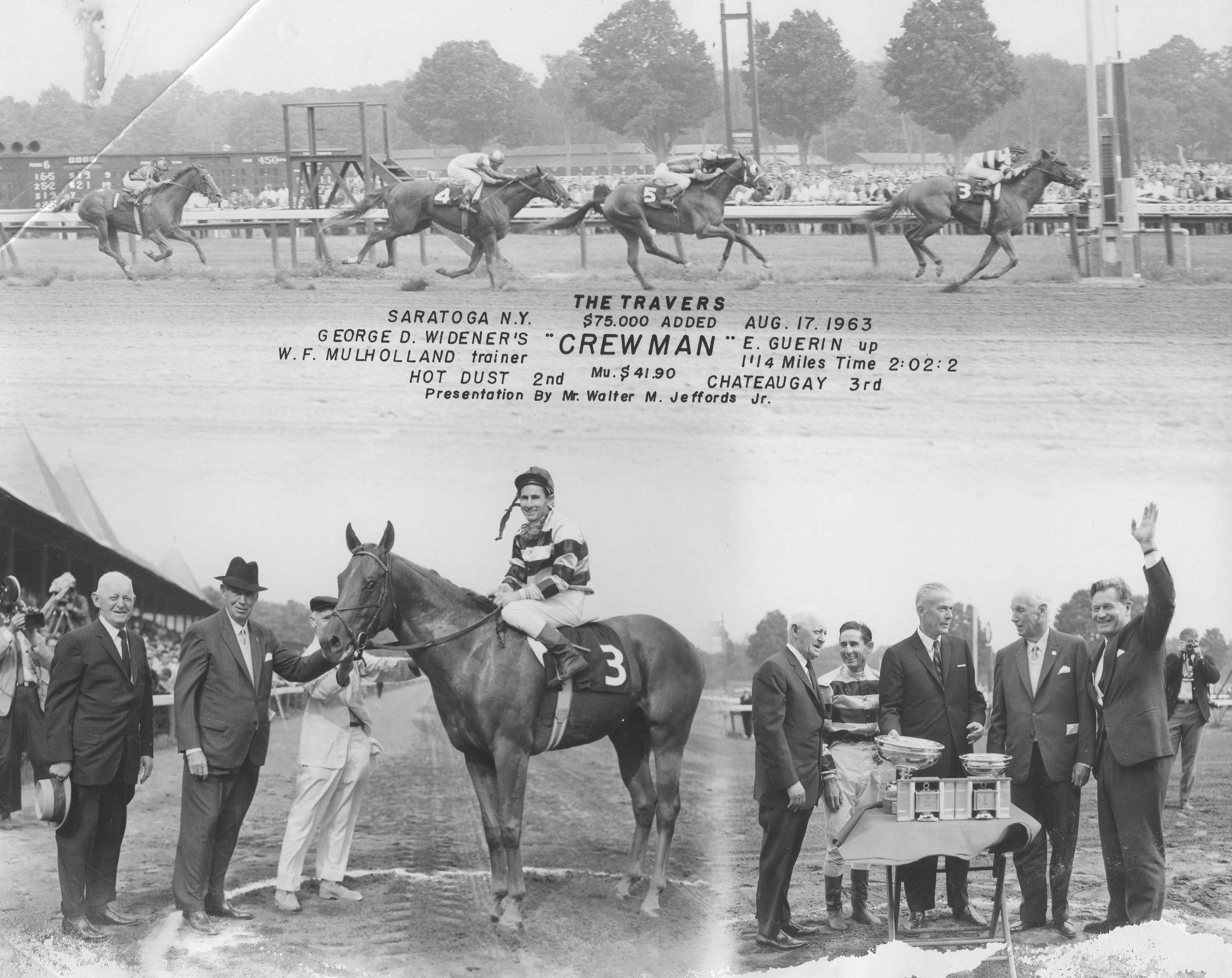 Win composite photograph for the 1963 Travers Stakes at Saratoga, won by Crewman with Eric Guerin up (NYRA/Museum Collection)