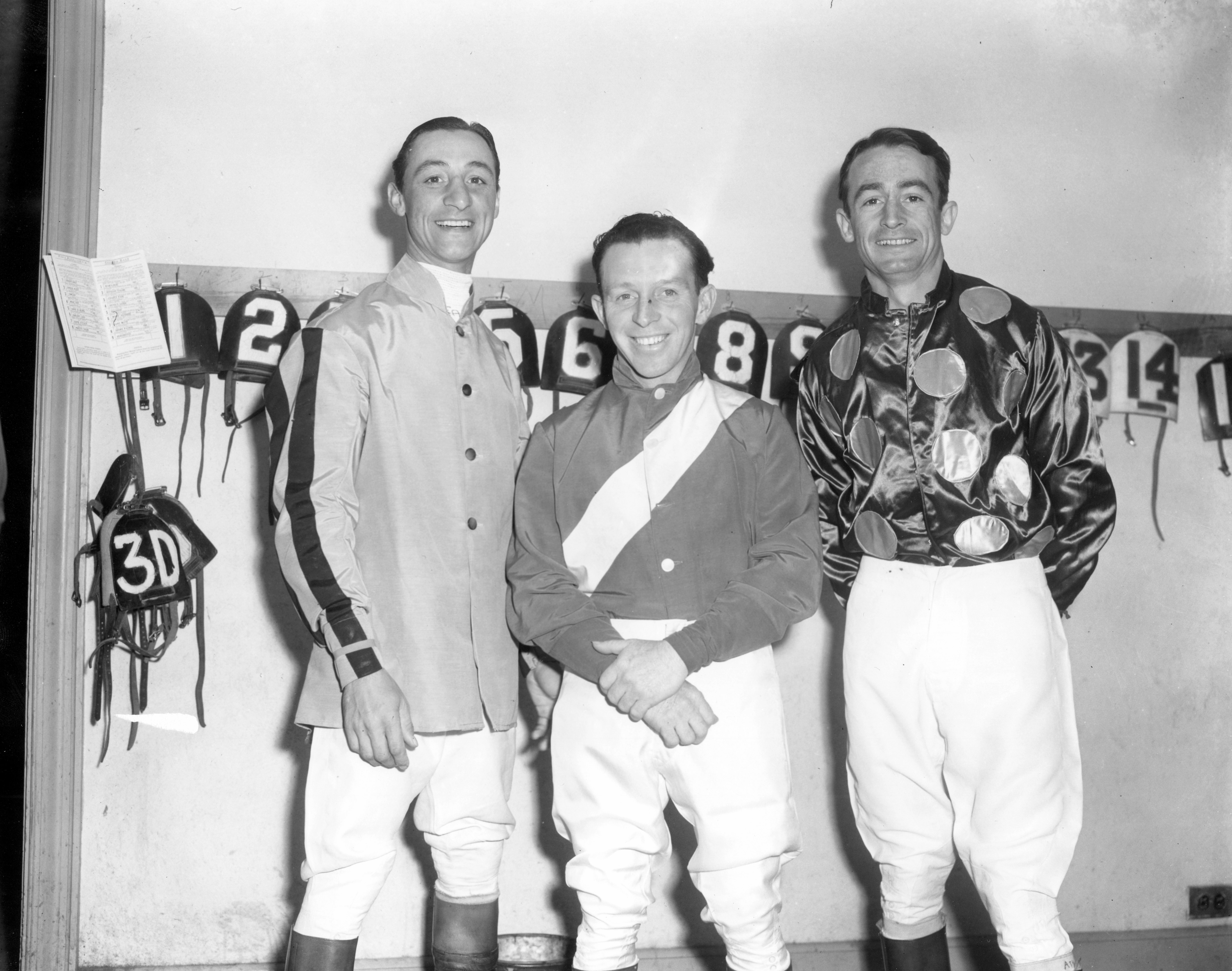 Eddie Arcaro, John Adams, and Ted Atkinson in the jock's room (Keeneland Library Morgan Collection/Museum Collection)