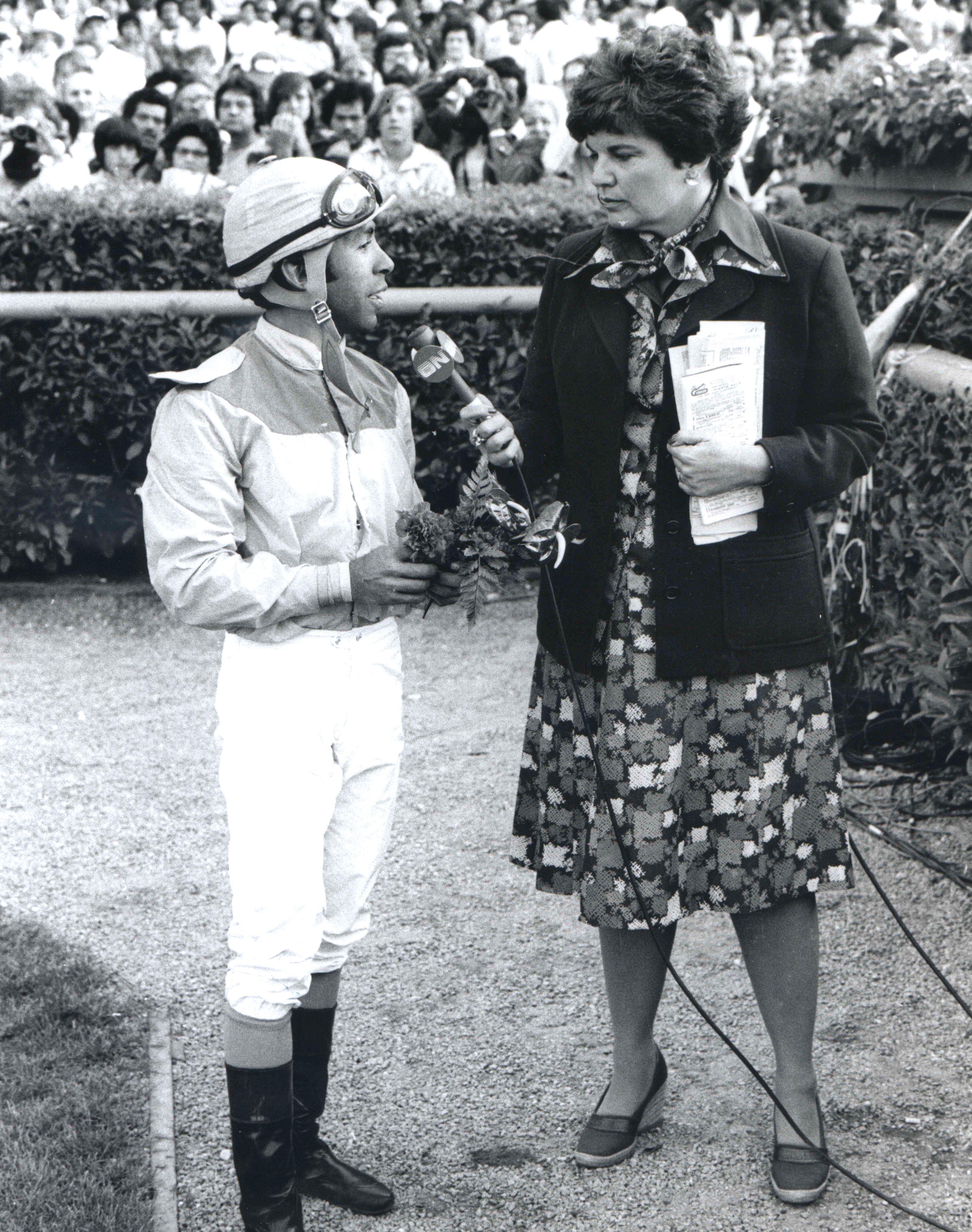 Angel Cordero, Jr. being interviewed, Santa Anita Park, February 1979 (Bill Mochon/Museum Collection)