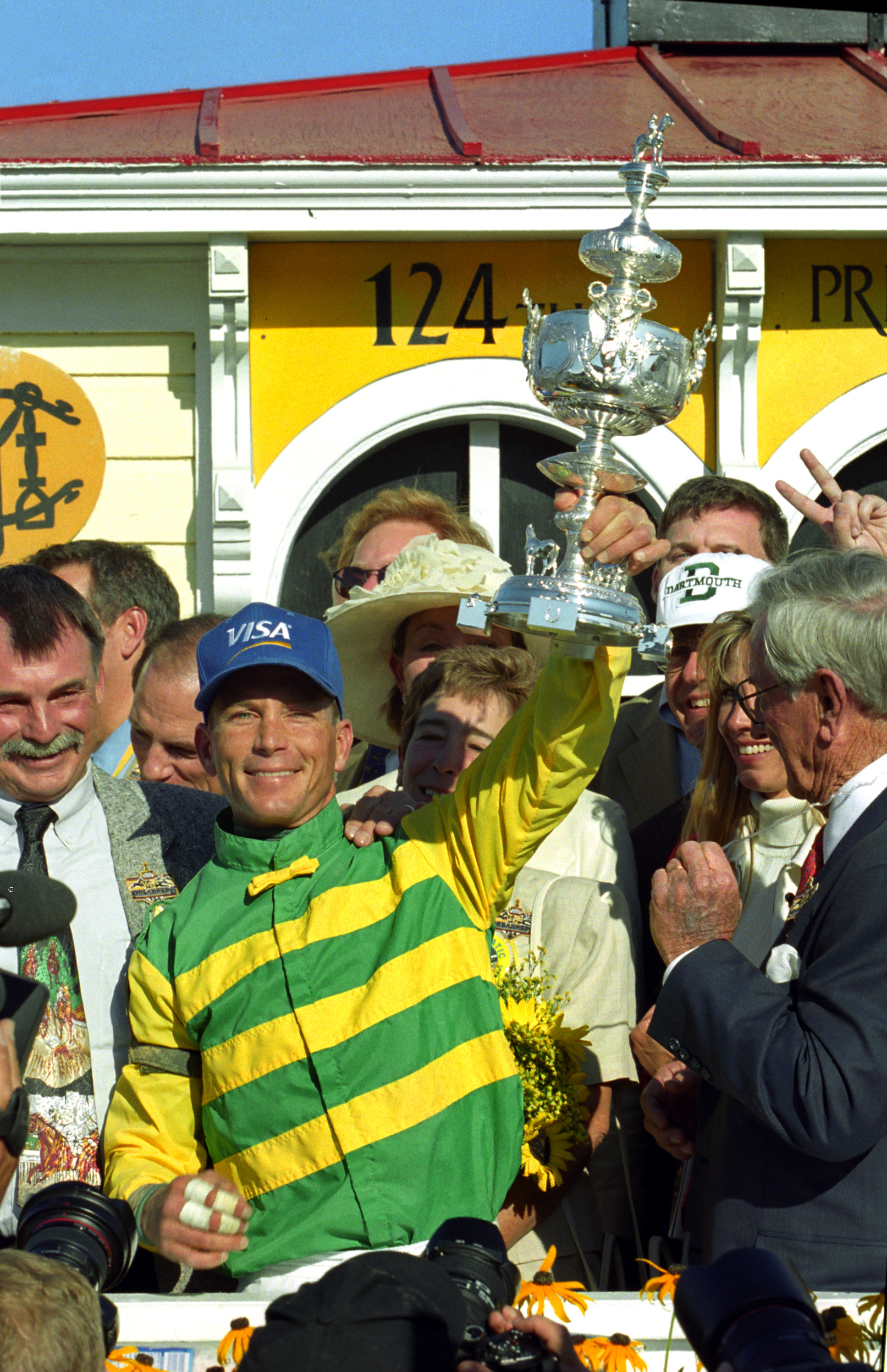 Chris Antley celebrates winning the 1999 Preakness Stakes with Charismatic (Barbara D. Livingston)