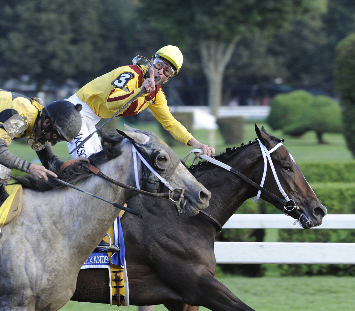Calvin Borel and Rachel Alexandra with their historic win in the 2009 Woodward at Saratoga (Skip Dickstein)