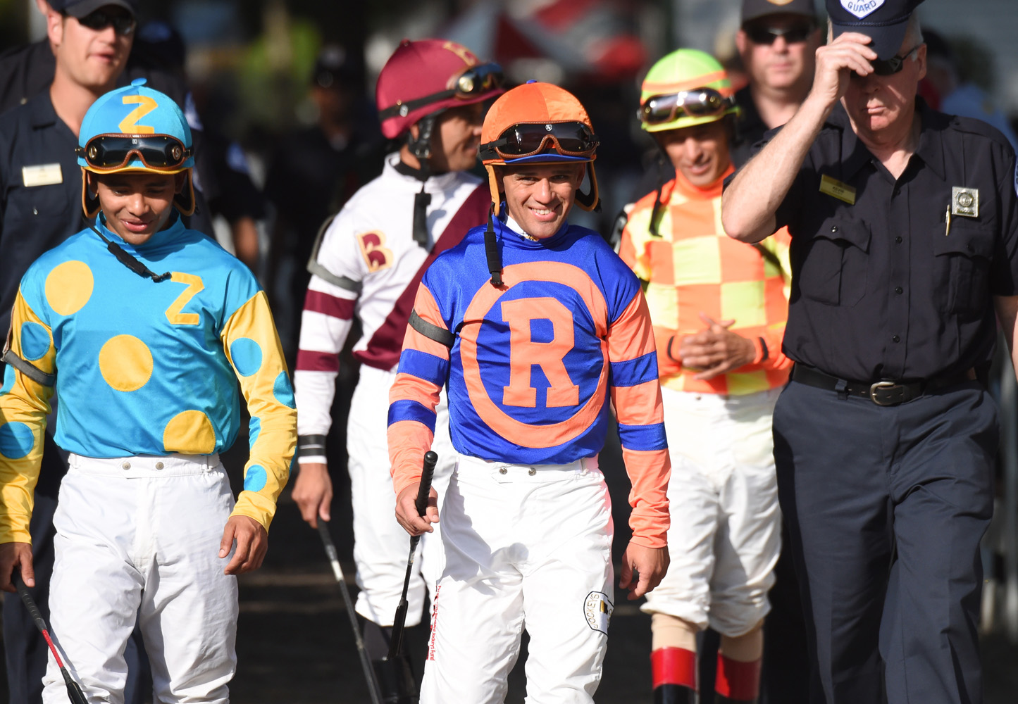 Javier Castellano entering the Saratoga paddock with the rest of the jockey colony in 2019 (Bob Mayberger)