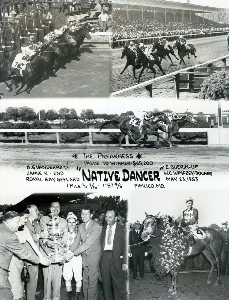 Win composite photograph for the 1953 Preakness Stakes at Pimlico, won by Native Dancer with Eric Guerin up (Museum Collection)