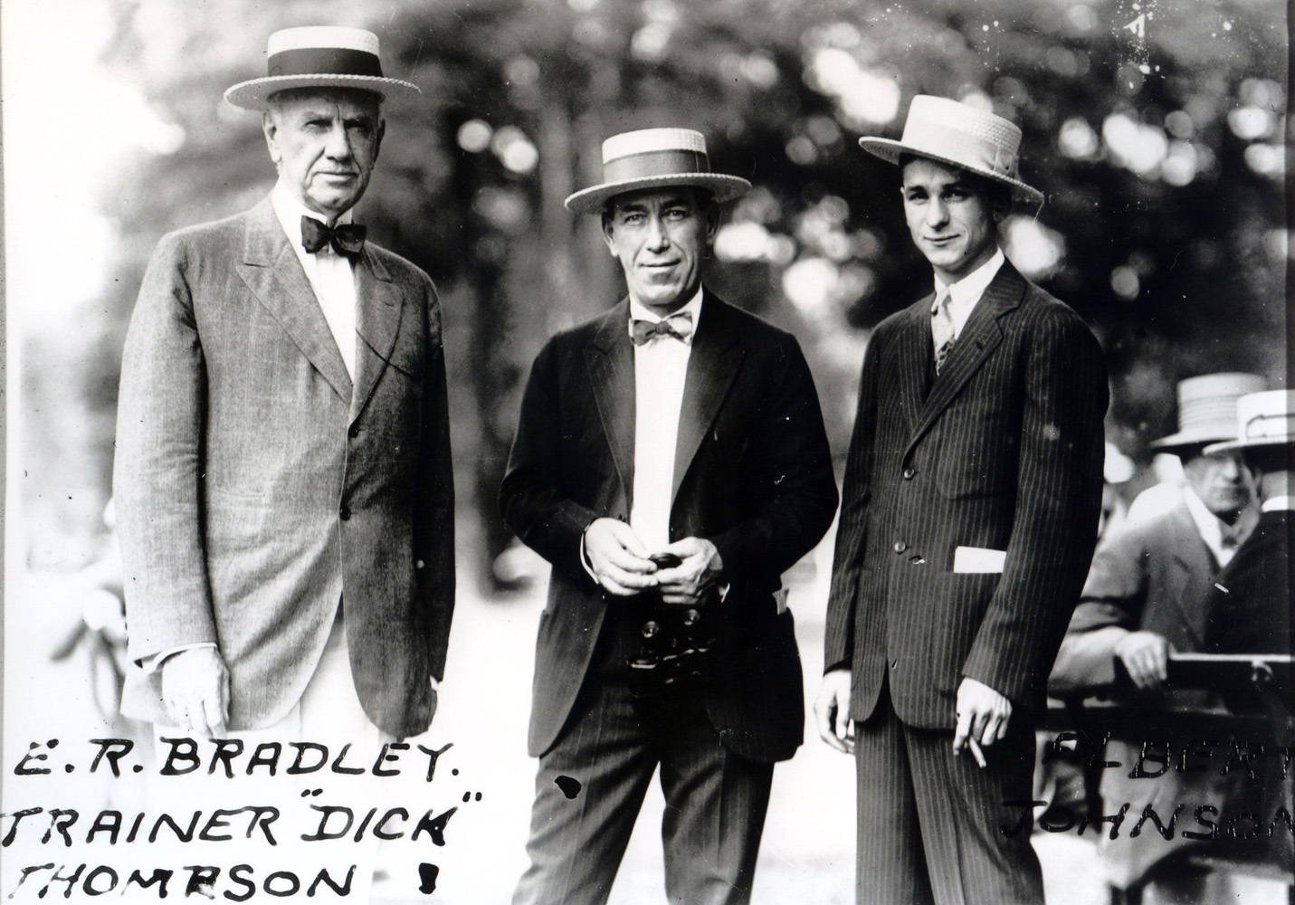 E. R. Bradley, Dick Thompson, and Albert Johnson in the paddock (Keeneland Library Cook Collection/Museum Collection)