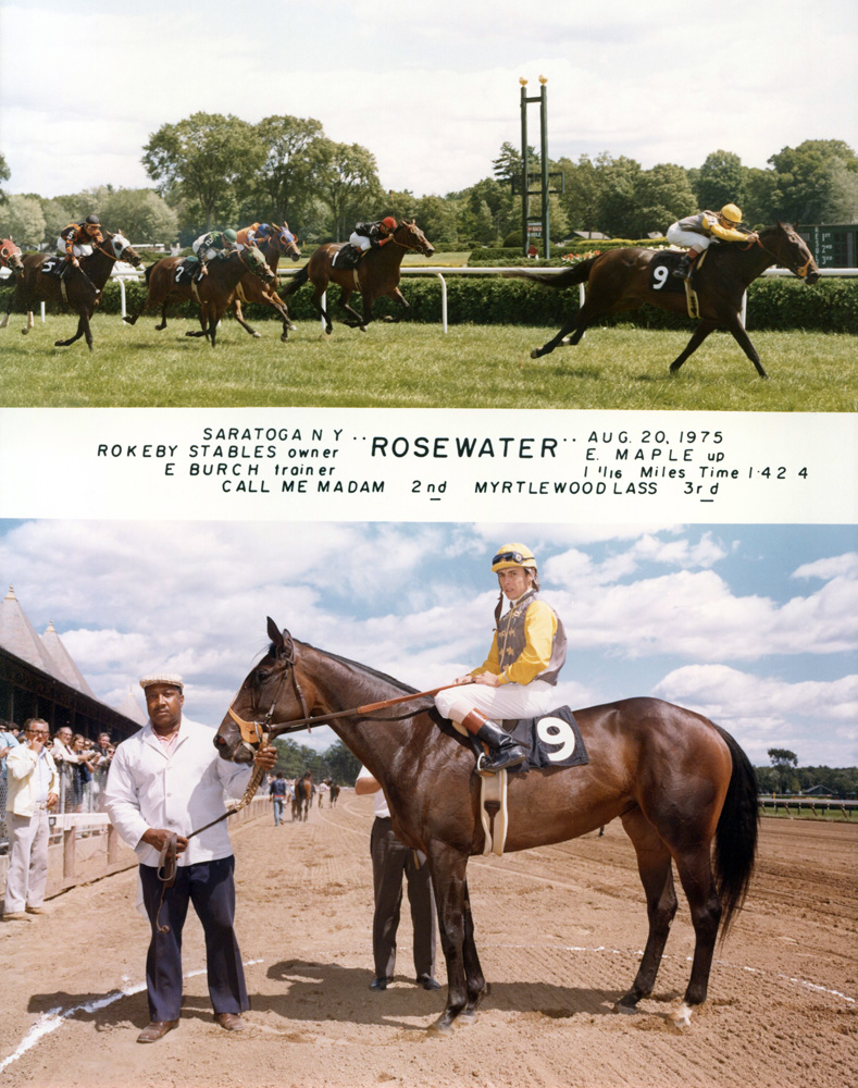 Win composite from a race on Aug. 20, 1975 at Saratoga won by Eddie Maple and Rosewater (NYRA/Museum Collection)