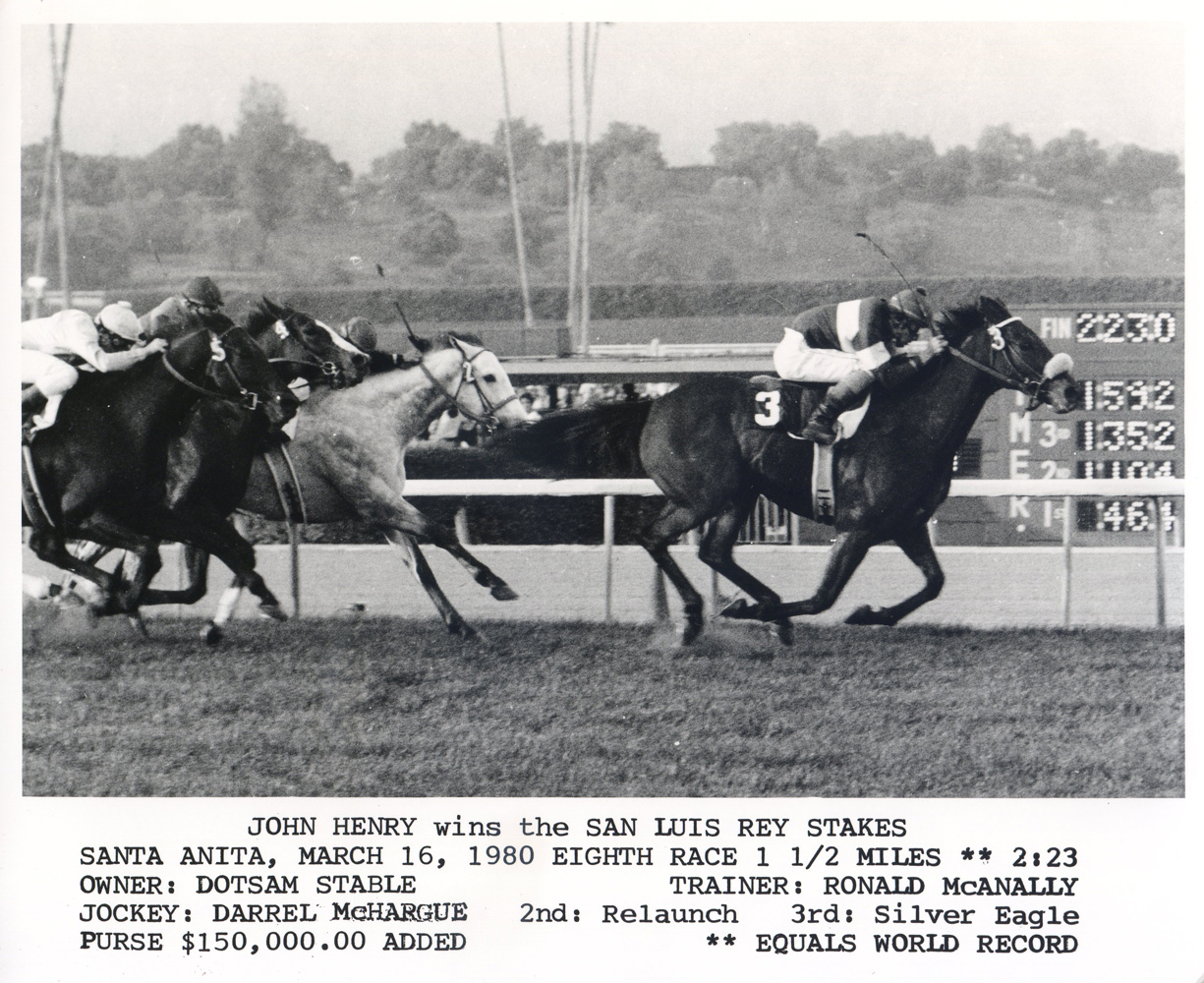 Darrel McHargue and John Henry winning the 1980 San Luis Rey Stakes at Santa Anita and equaling a world record (Bill Mochon/Museum Collection)