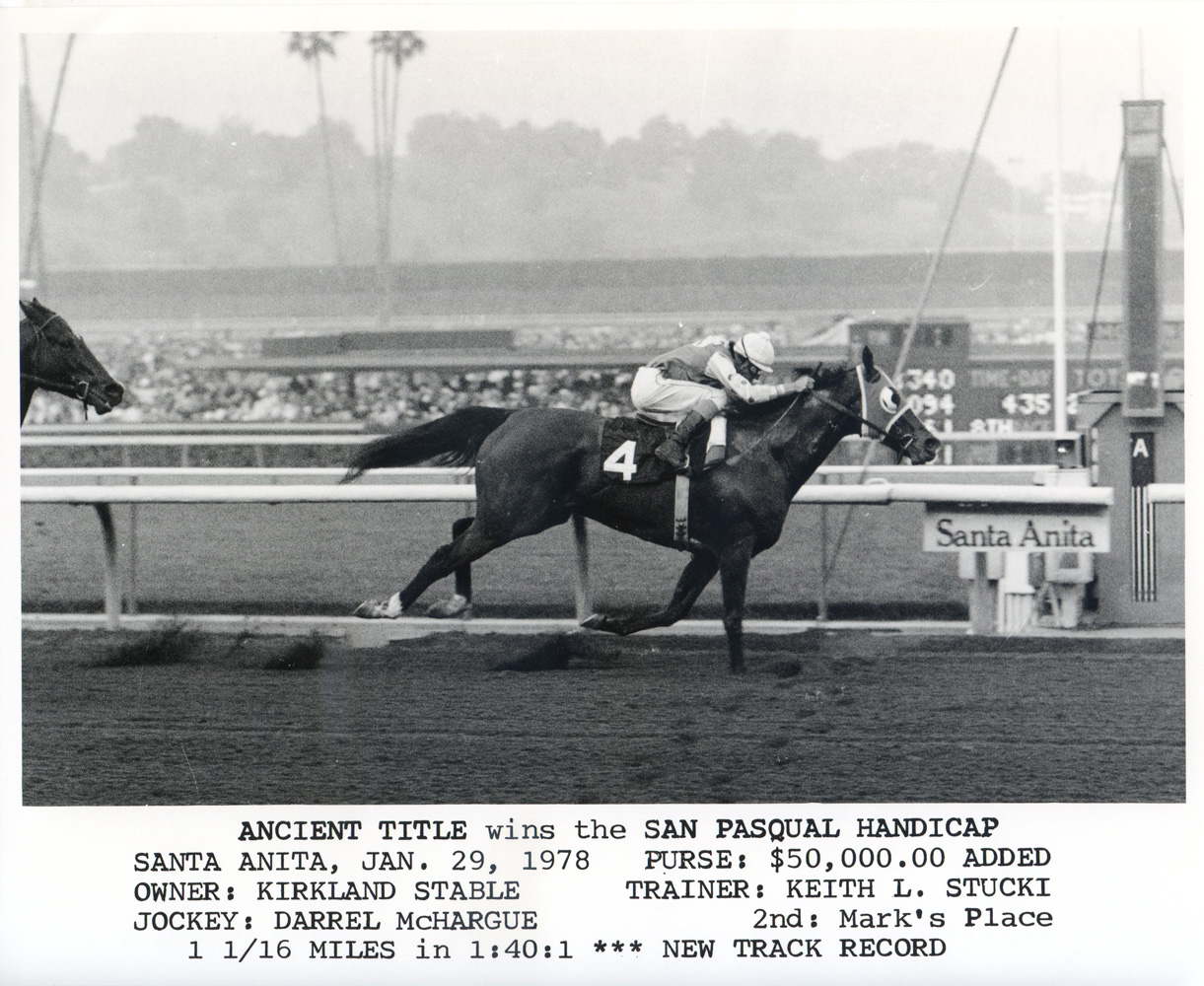 Darrel McHargue and Ancient Title winning the 1978 San Pasqual Handicap at Santa Anita and setting a new track record (Bill Mochon/Museum Collection)