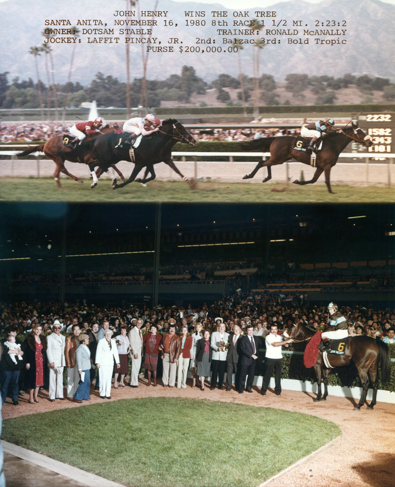 Win composite from the 1980 Oak Tree Invitational at Santa Anita, won by Laffit Pincay, Jr. and John Henry (Bill Mochon/Museum Collection)