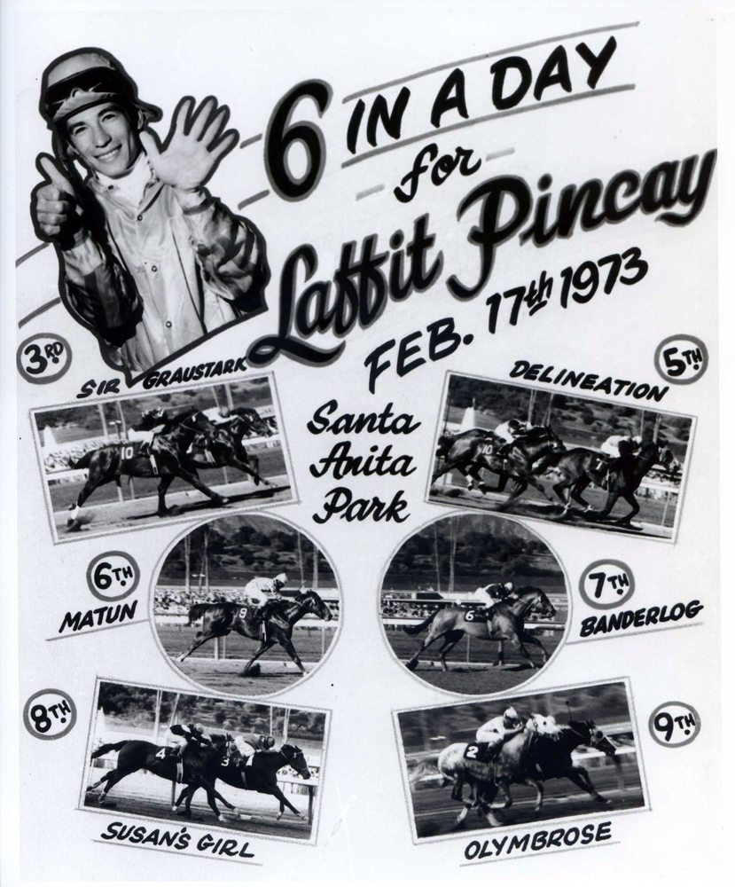 Photo collage celebrating Laffit Pincay's six wins in a day at Santa Anita Park, February 1973 (Bill Mochon/Museum Collection) 