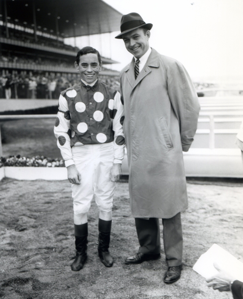 John Rotz and trainer T.J. Kelly after winning the 1961 Wood Memorial at Aqueduct with Globemaster (Keeneland Library Morgan Collection/Museum Collection)