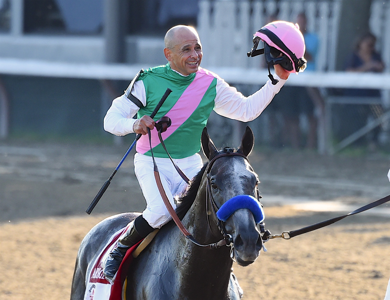 Mike Smith and Arrogate after winning the 2016 Travers Stakes and setting a new stakes record (Bob Mayberger)