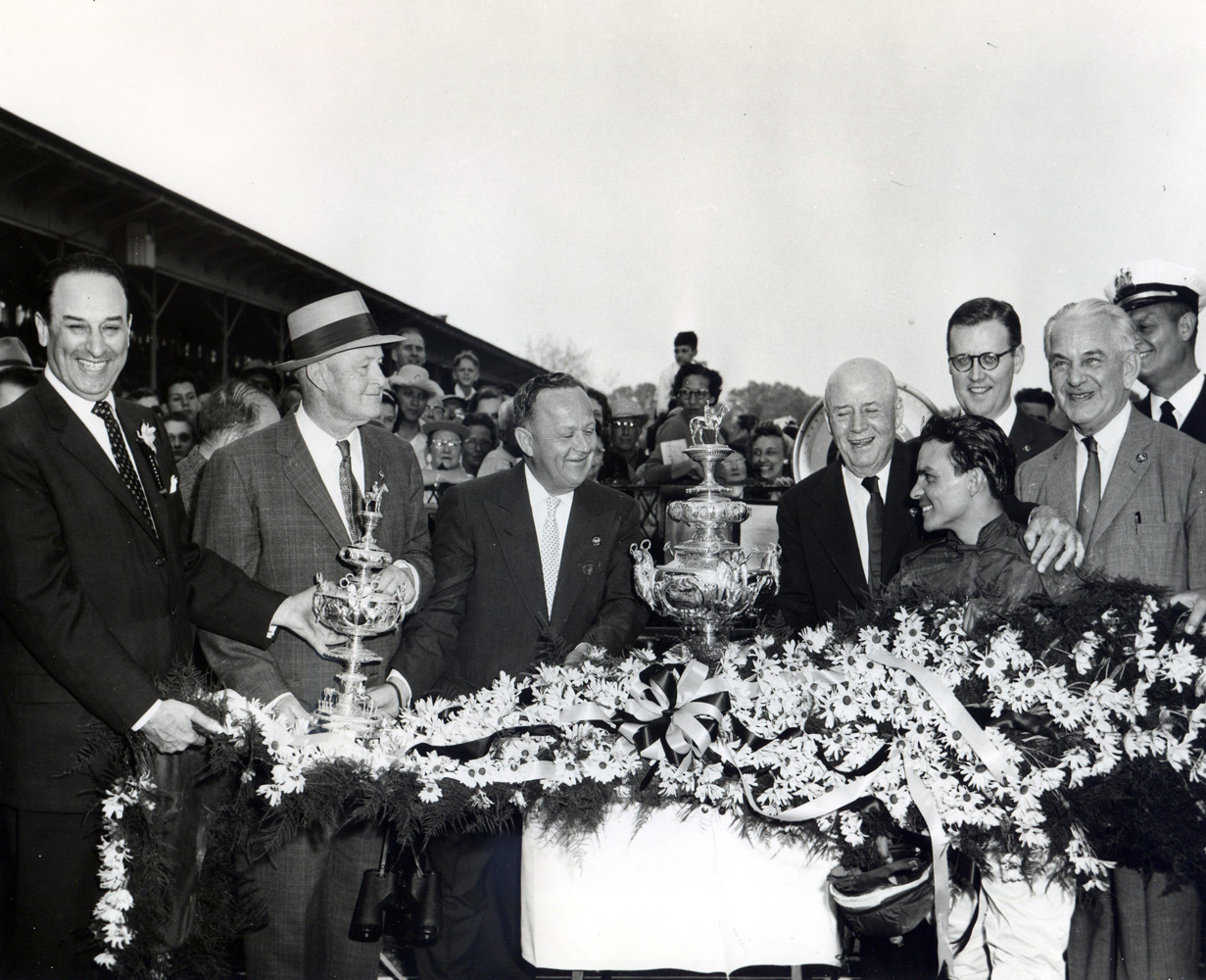 The winning connections of Tim Tam celebrating together during the trophy presentation for the 1958 Preakness Stakes (Pimlico Photo/Museum Collection)