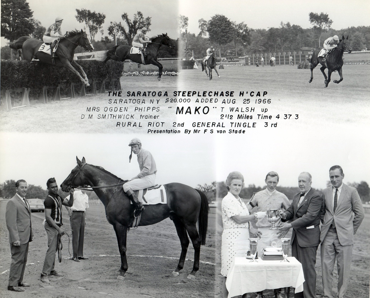 Win composite from the 1966 Saratoga Steeplechase Handicap at Aqueduct, won by Tommy Walsh and Mako (NYRA/Museum Collection)