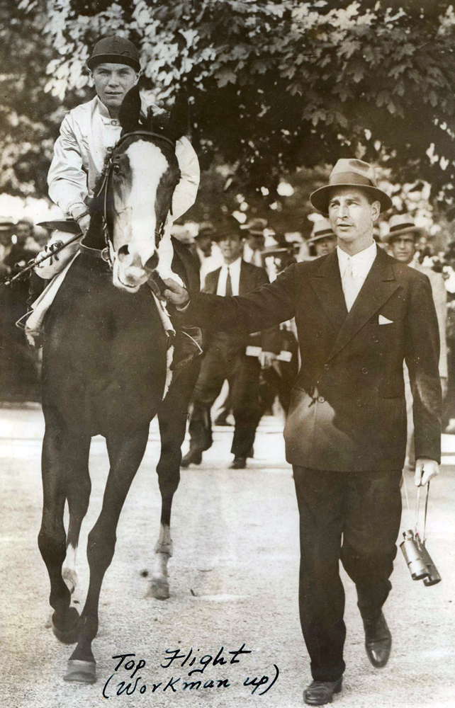 Raymond Workman and Top Flight, with owner C. V. Whitney, leaving the paddock before winning the 1931 Belmont Futurity (Museum Collection)