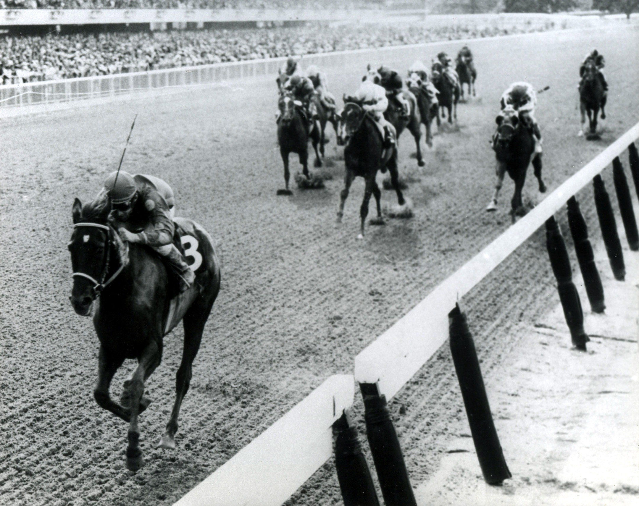 Manny Ycaza and Dark Mirage win the 1968 Acorn Stakes at Belmont (Bob Coglianese/NYRA /Museum Collection)