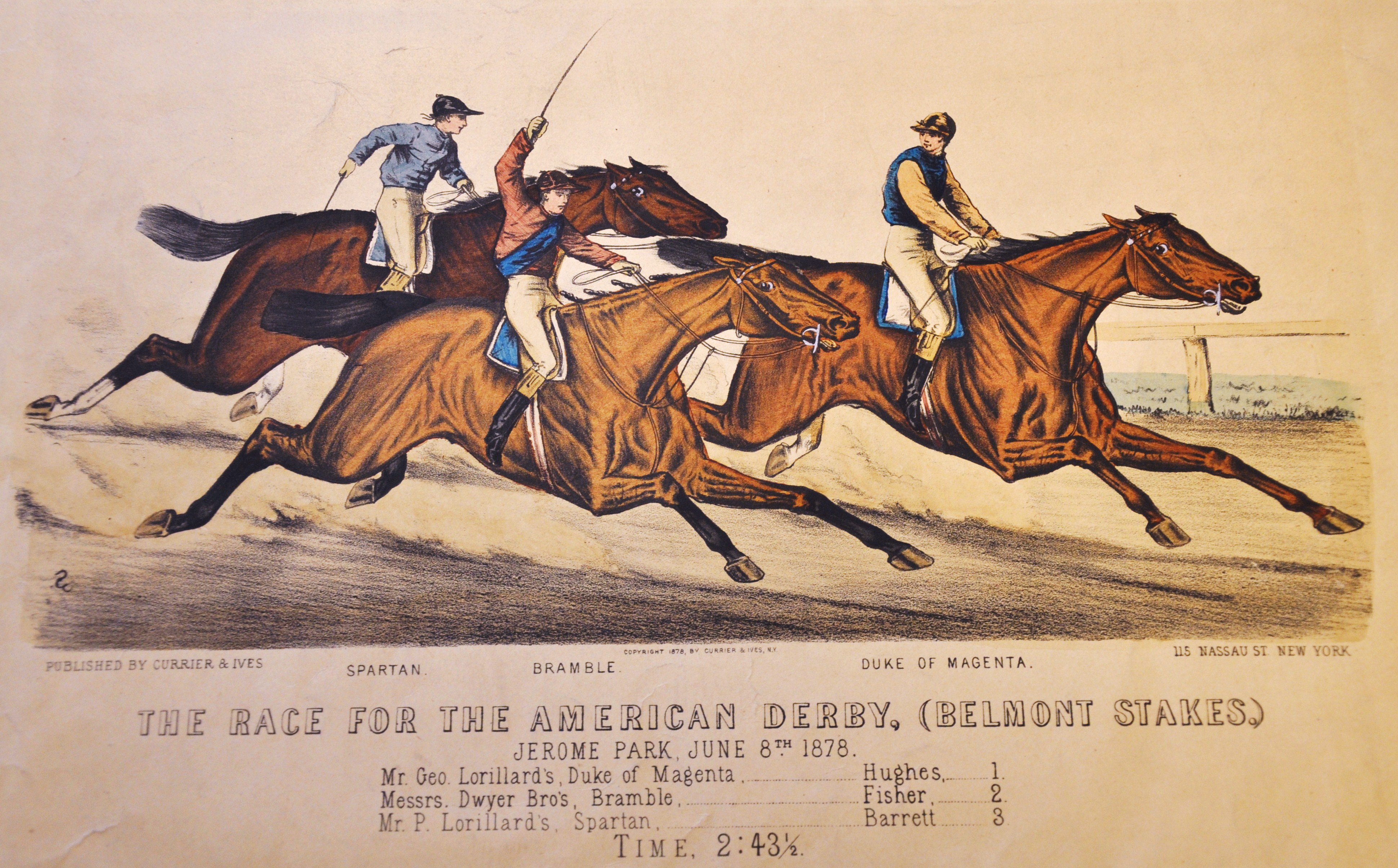 Currier & Ives print of Lloyd Hughes aboard Duke of Magenta in the 1878 Belmont Stakes (Museum Collection)