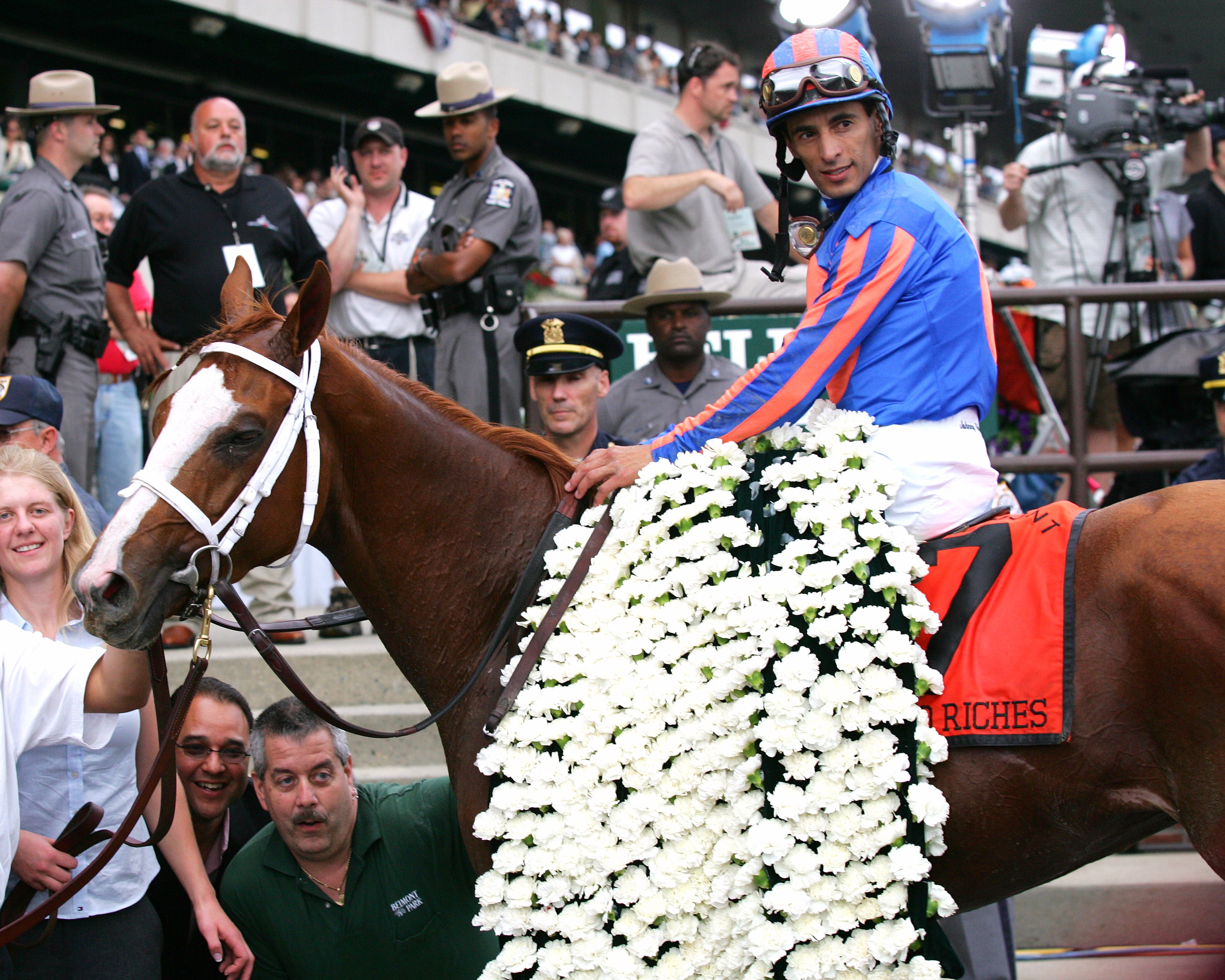 John Velazquez aboard Rags to Riches in the winner's circle at Belmont Park after winning the 2007 Belmont Stakes (NYRA)