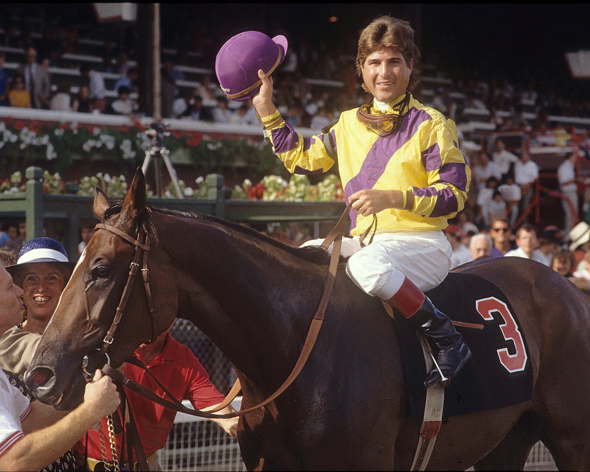 Randy P. Romero celebrates aboard Go for Wand after winning the 1990 Alabama Stakes at Saratoga Race Course (Tom Killips)