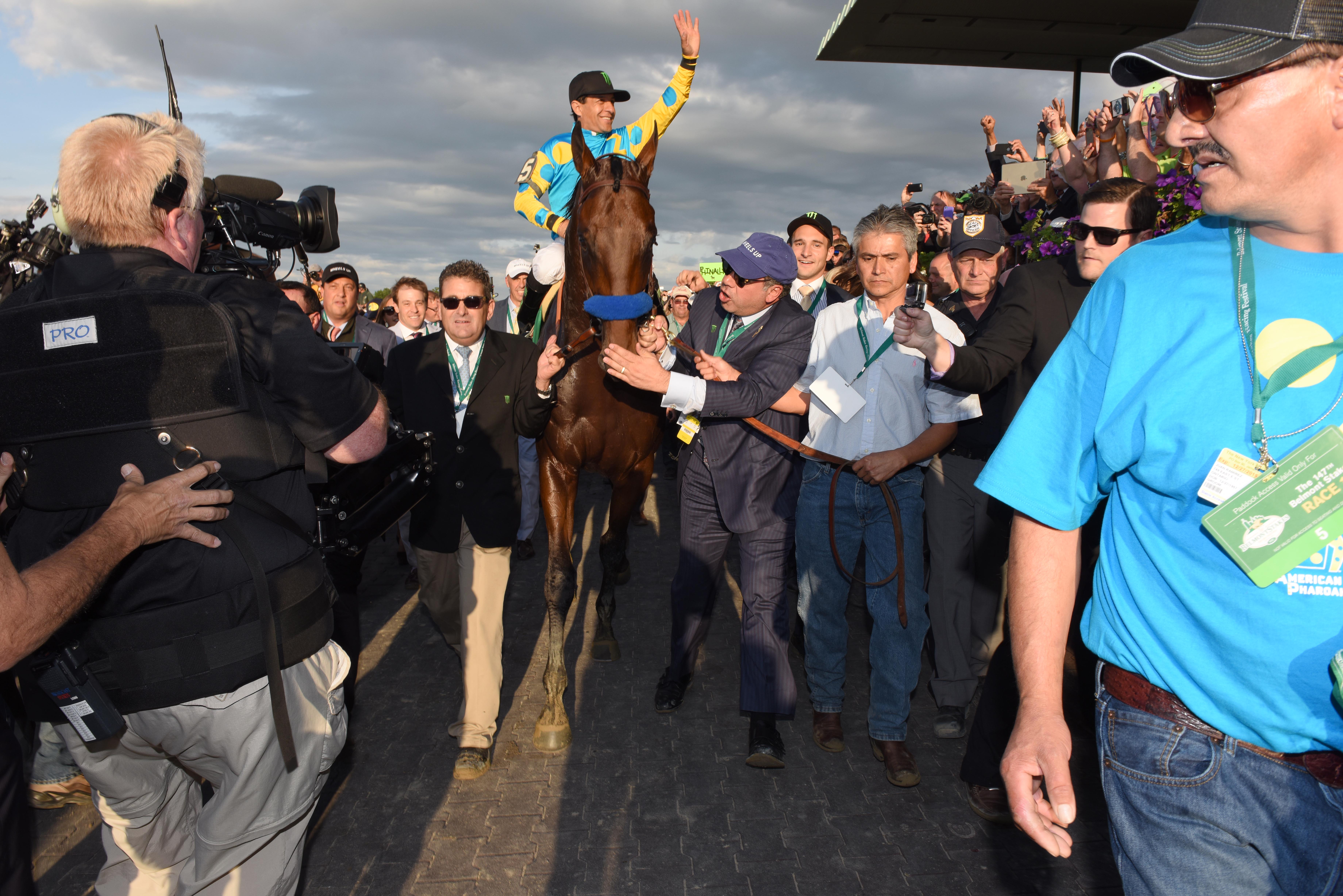 Victor Espinoza after winning the 2015 Belmont Stakes with American Pharoah (NYRA)