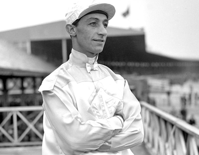 Eddie Arcaro at Jamaica Racetrack, April 1948 (Keeneland Library Morgan Collection)