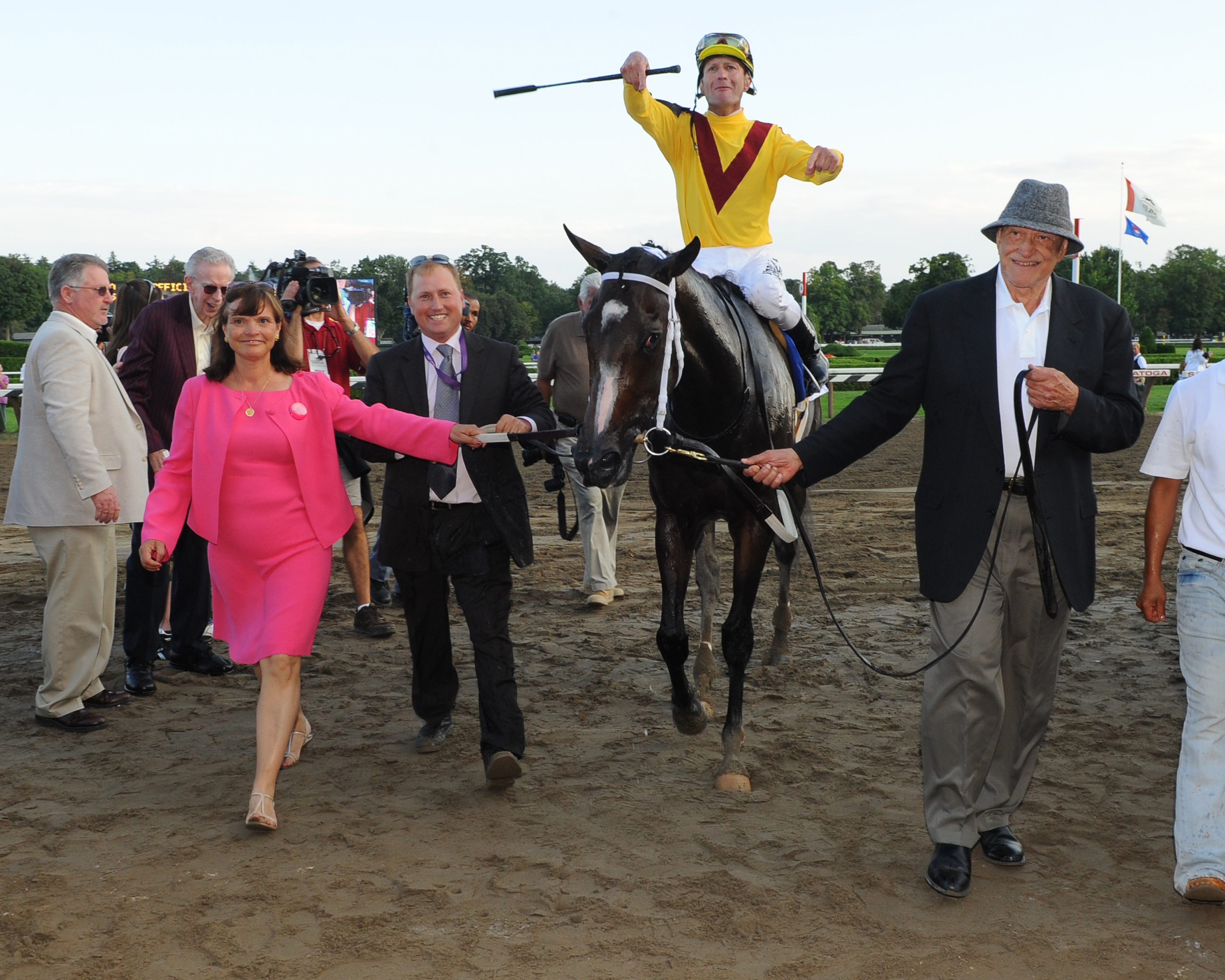 Rachel Alexandra, Calvin Borel up, is led to the winner's circle after winning the 2009 Woodward at Saratoga Race Course (NYRA)