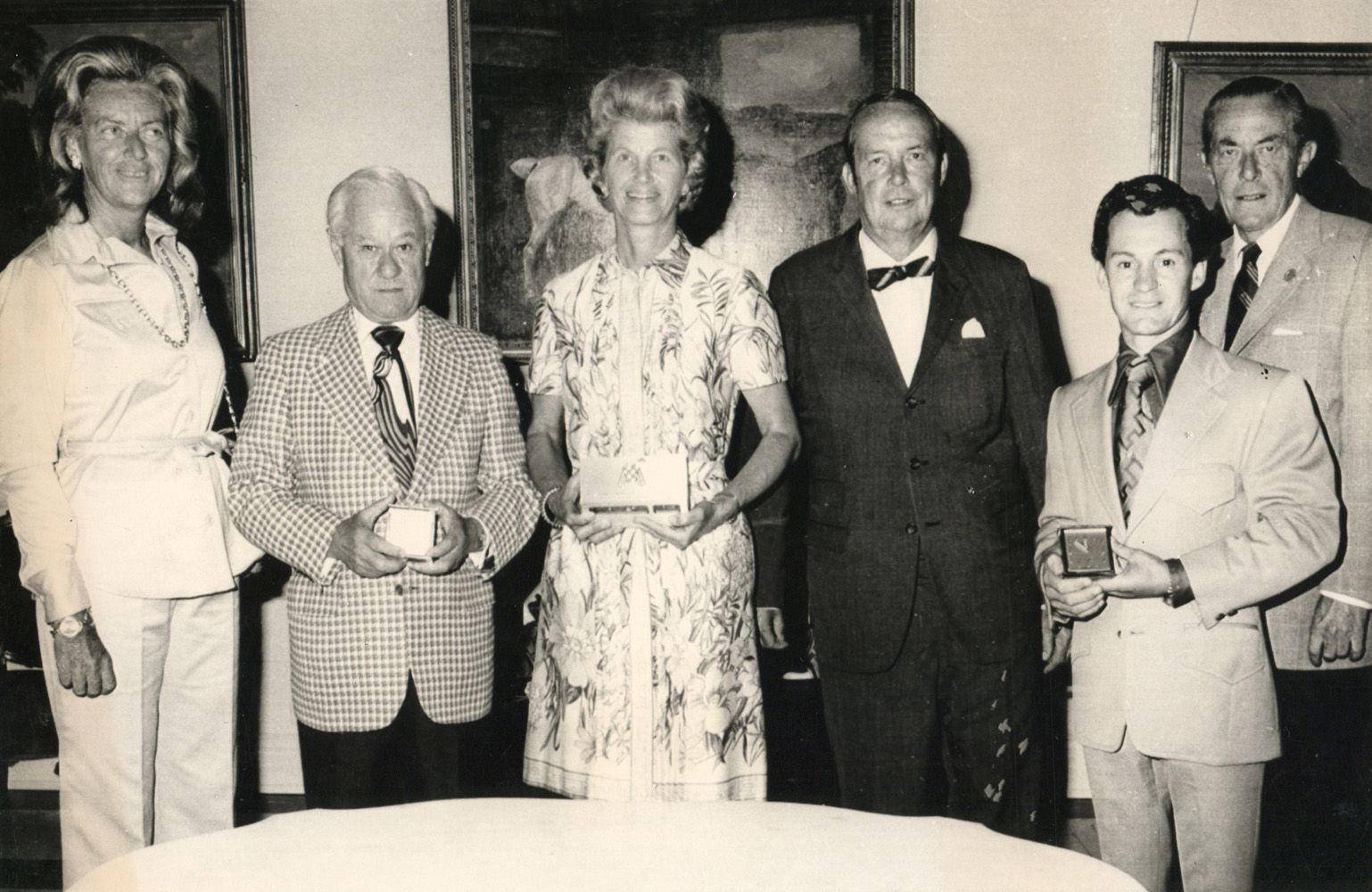 The winning connections of Secretariat Mr. and Mrs. Walter Jeffords of the Belmont Ball Committee and Charles E. Mather II, Museum President, at the National Museum of Racing in August 1974 (Bob Coglianese/Museum Collection)