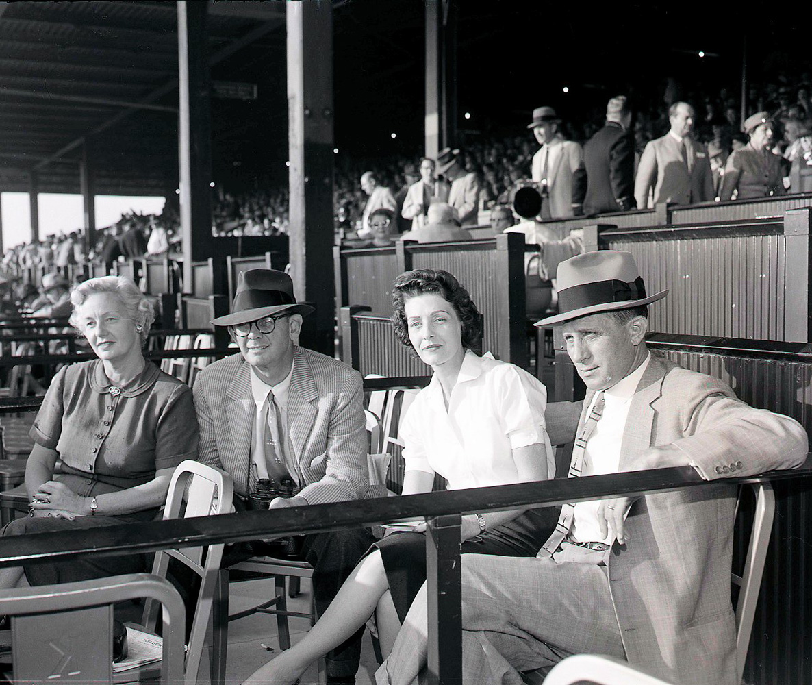 Mrs. A. B. Hancock, Mr A.B. Hancock, Mrs. Moody Jolley and Mr. Moody Jolley at Keeneland, October  1956 (Keeneland Library Meadors Collection)