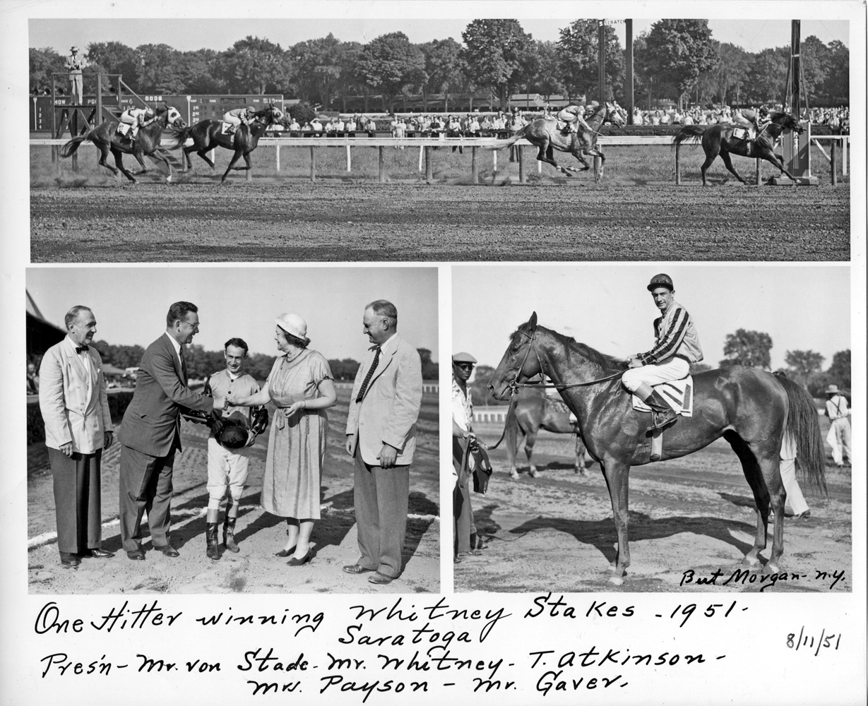 Win composite photograph for the 1951 Whitney Stakes won by Greentree Stable's One Hitter (Ted Atkinson up) (Bert Morgan/Museum Collection)