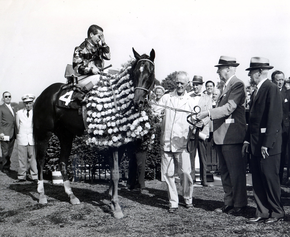 George D. Widener in the winner's circle with trainer Bert Mulholland and Jaipur (Bill Shoemaker up) for the 1962 Belmont Stakes (Mike Sirico/Museum Collection)