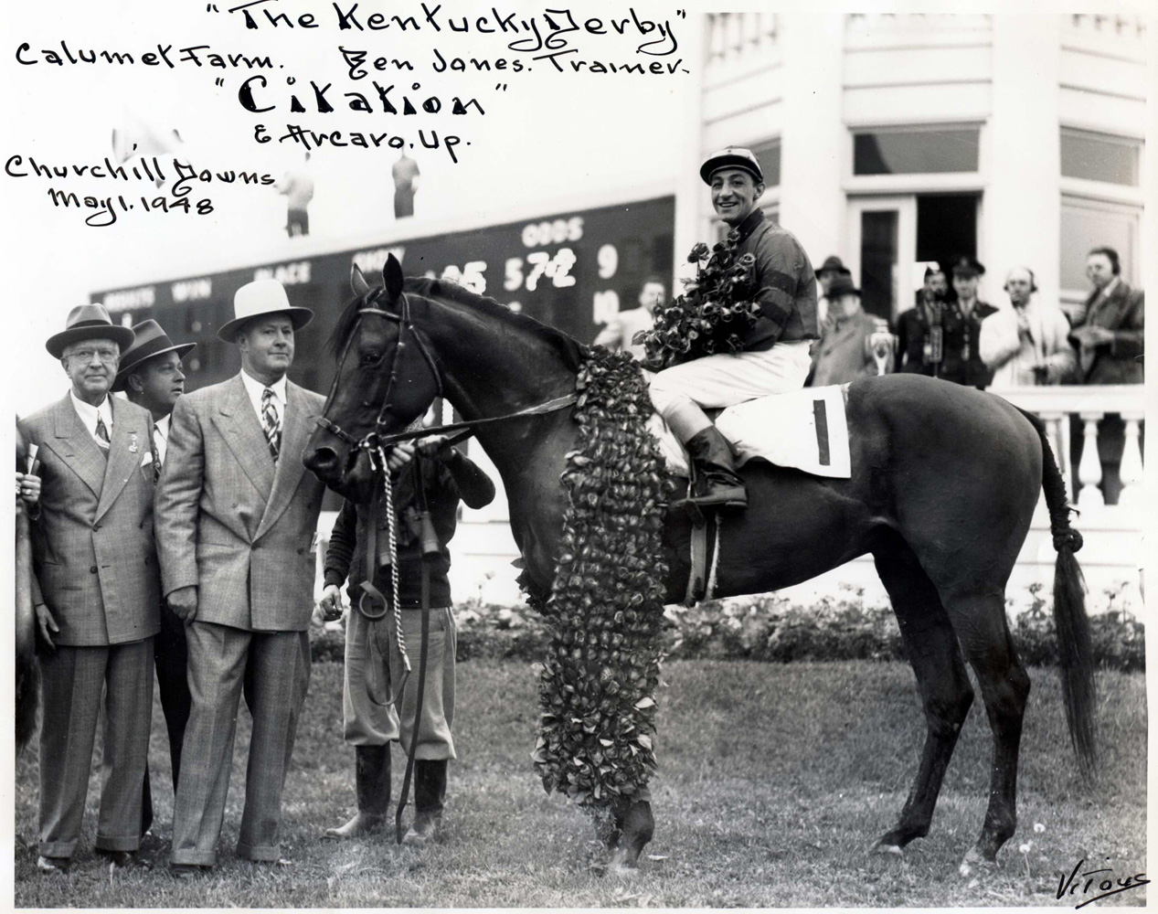 Winner's circle photo for the 1948 Kentucky Derby, won by Citation (Eddie Arcaro up), with owner Warren Wright at the far left (Jerry Vitous/Musuem Collection)