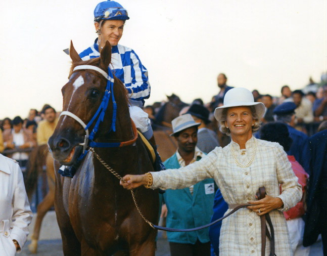 Penny Chenery leads Secretariat (Turcotte up) into the winner's circle after winning the Man o' War Stakes at Aqueduct, October 1973 (NYRA/Bob Coglianese /Museum Collection)