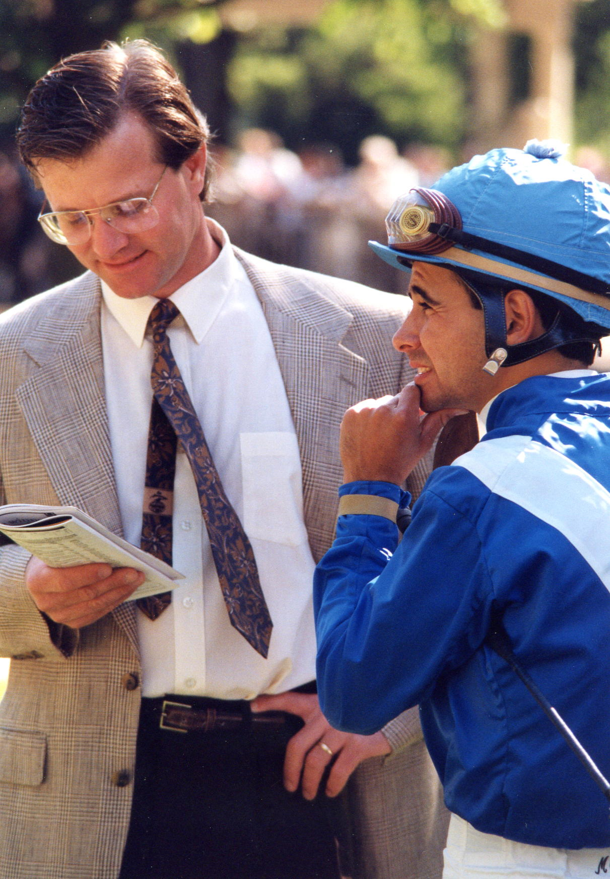 Trainer Bill Mott and jockey Mike Smith in the paddock at Belmont Park, May 1994 (Barbara Ann Giove Coletta/Museum Collection)