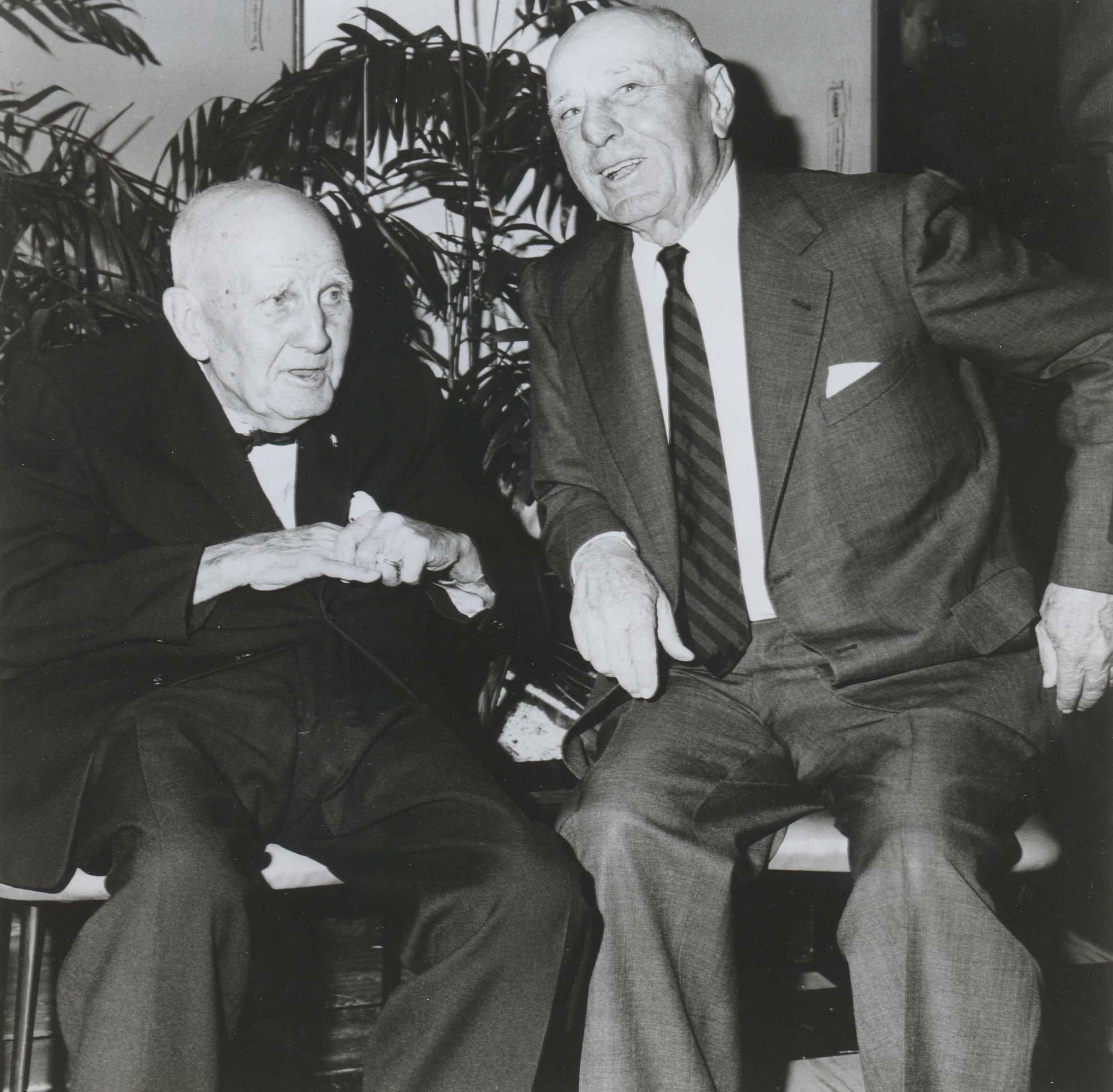 James "Sunny Jim" Fitzsimmons, left, and Max Hirsch at Saratoga, 1964 (Museum Collection)