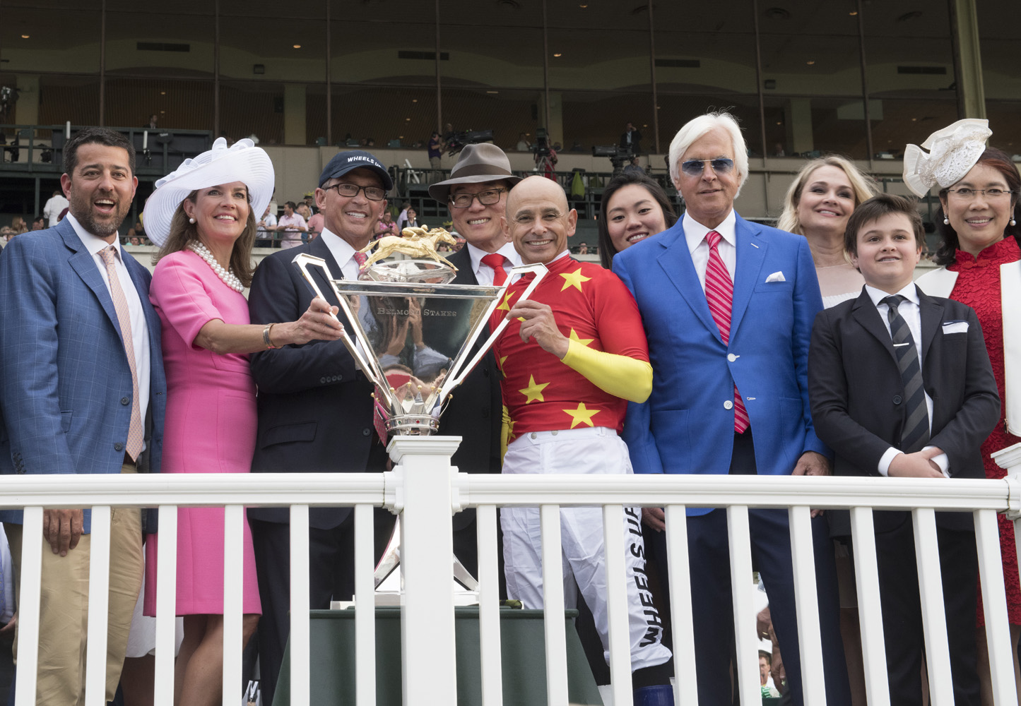 Bob Baffert and the winning connections of Justify during the 2018 Triple Crown trophy presentation (Skip Dickstein)