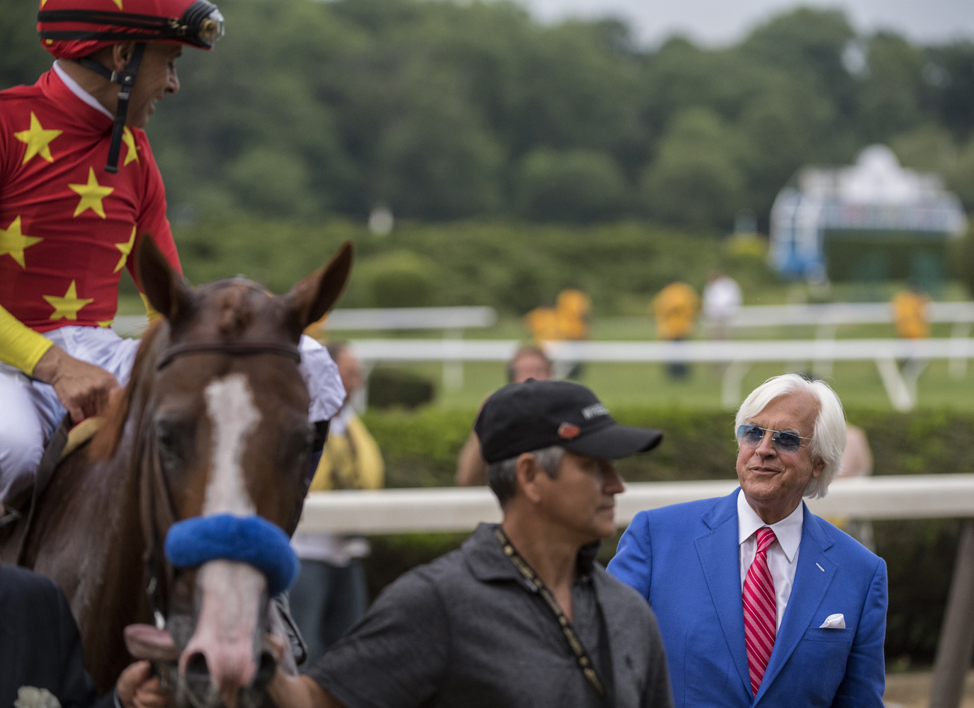 Bob Baffert and Mike Smith share a moment after Justify's Belmont Stakes and Triple Crown victory in 2018 (Skip Dickstein)