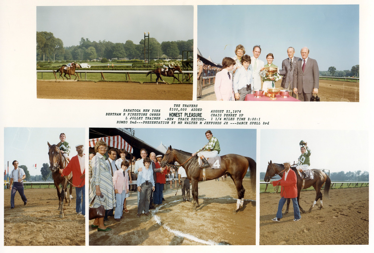 Win composite photograph for the 1976 Travers Stakes, won by Honest Pleasure (Craig Perret up), trained by LeRoy Jolley (NYRA/Bob Coglianese /Museum Collection)