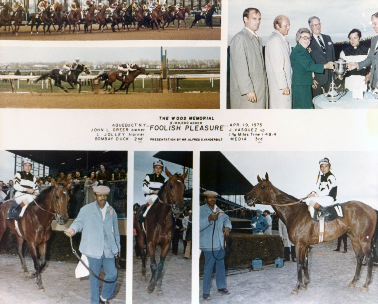 Win composite photograph for the 1975 Wood Memorial, won by Foolish Pleasure (Jacinto Vasquez up), trained by LeRoy Jolley (NYRA/Museum Collection)