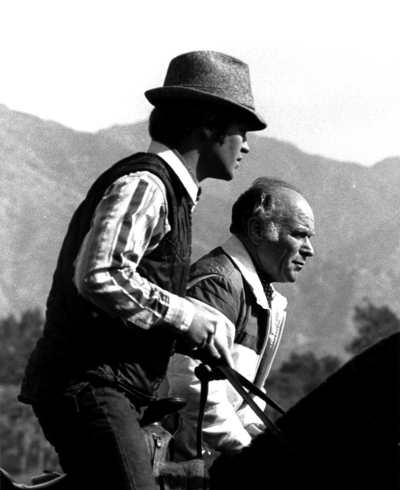 Gary Jones with father, Farrell Jones, on the track at Santa Anita Park (Bill Mochon/Museum Collection)