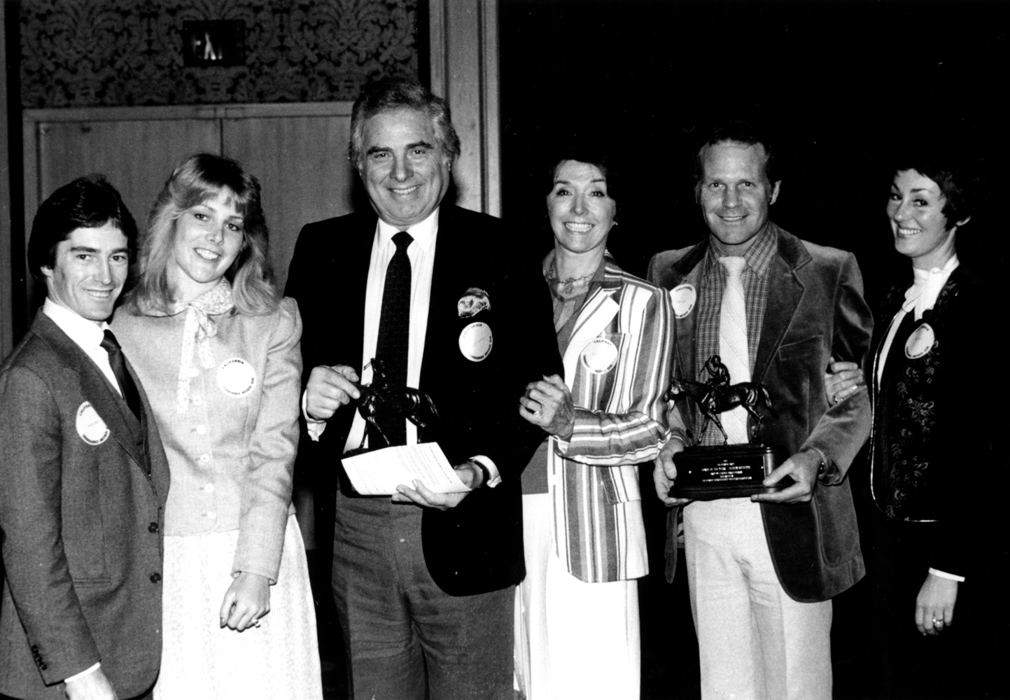 Cal-Bred  Horse of the Year award presentation to the winning connections of Eleven Stitches (Sandy Hawley, Vicki Grosse, Morey and Claudia Mirkin, and Gary and Joan Jones) in February 1982 (Bill Mochon/Museum Collection)