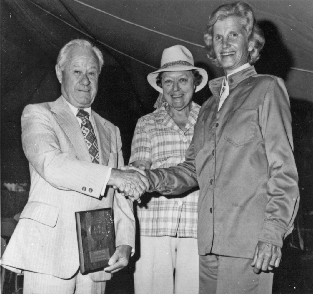 Lucien Laurin, Elizabeth Ham (secretary for Meadow Stable), and Penny Chenery at his Hall of Fame induction in 1977 (NYRA/Bob Coglianese /Museum Collection)