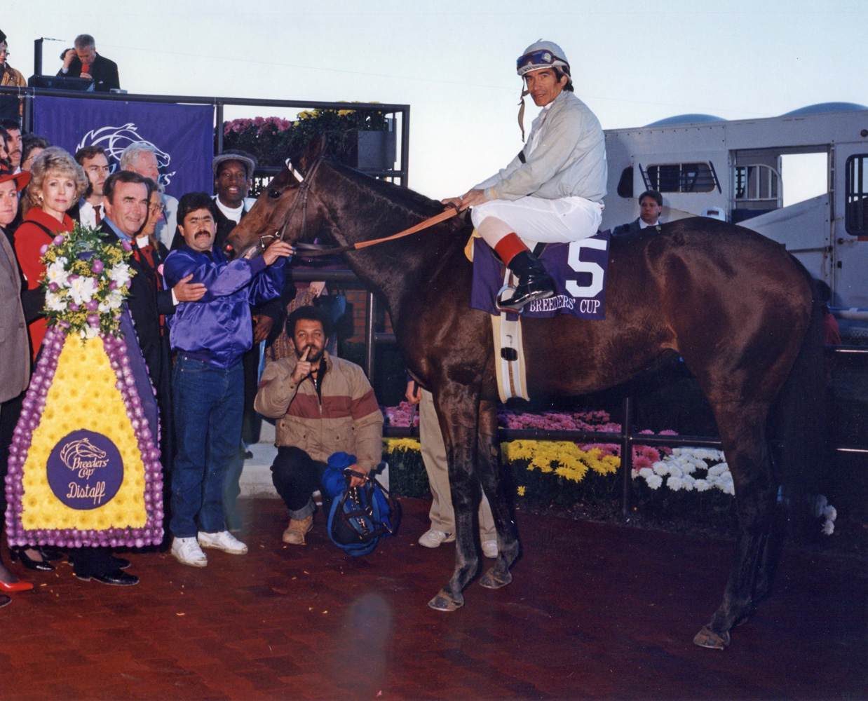 Ron McAnally and the winning connections of Bayakoa (Laffit Pincay, Jr. up) celebrating her Breeders' Cup Distaff victory (Bob Coglianese/Museum Collection)