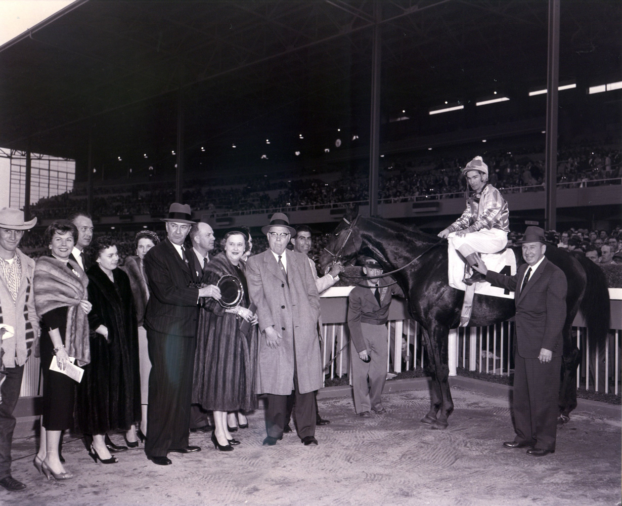The winning connections of Round Table (Bill Shoemaker up) in the winner's circle at Santa Anita Park (Santa Anita Photo/Museum Collection)