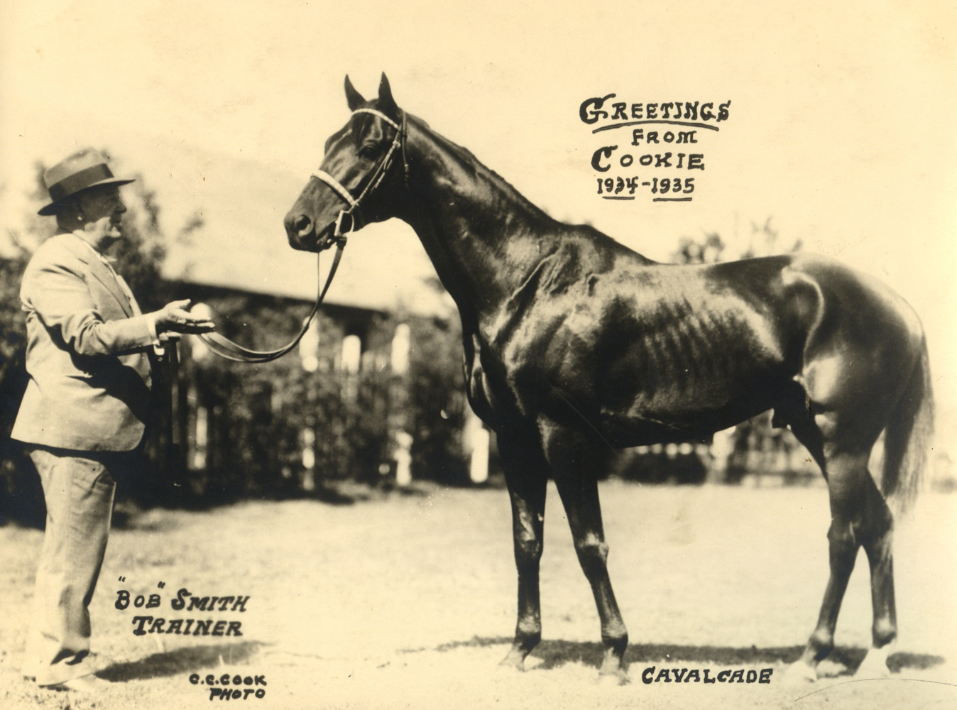1934-35 photo-greeting card by C. C. Cook featuring trainer Bob Smith and Hall of Fame horse Cavalcade (C. C. Cook/Museum Collection)