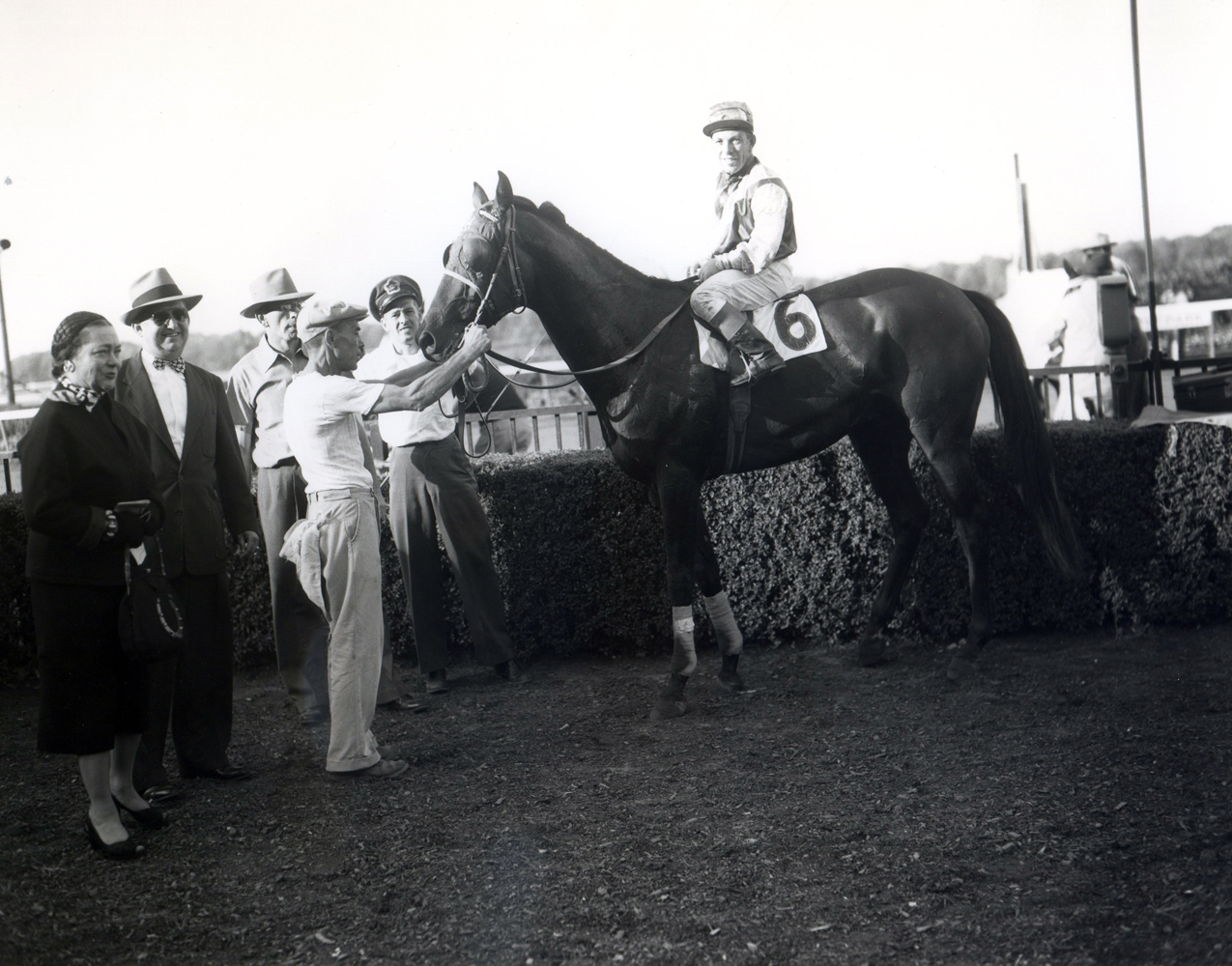 Trainer Harry Trotsek in the winner's circle with Platan (Conn McCreary up) for the 1953 Lawrence Realization at Belmont Park (Keeneland Library Morgan Collection/Museum Collection)
